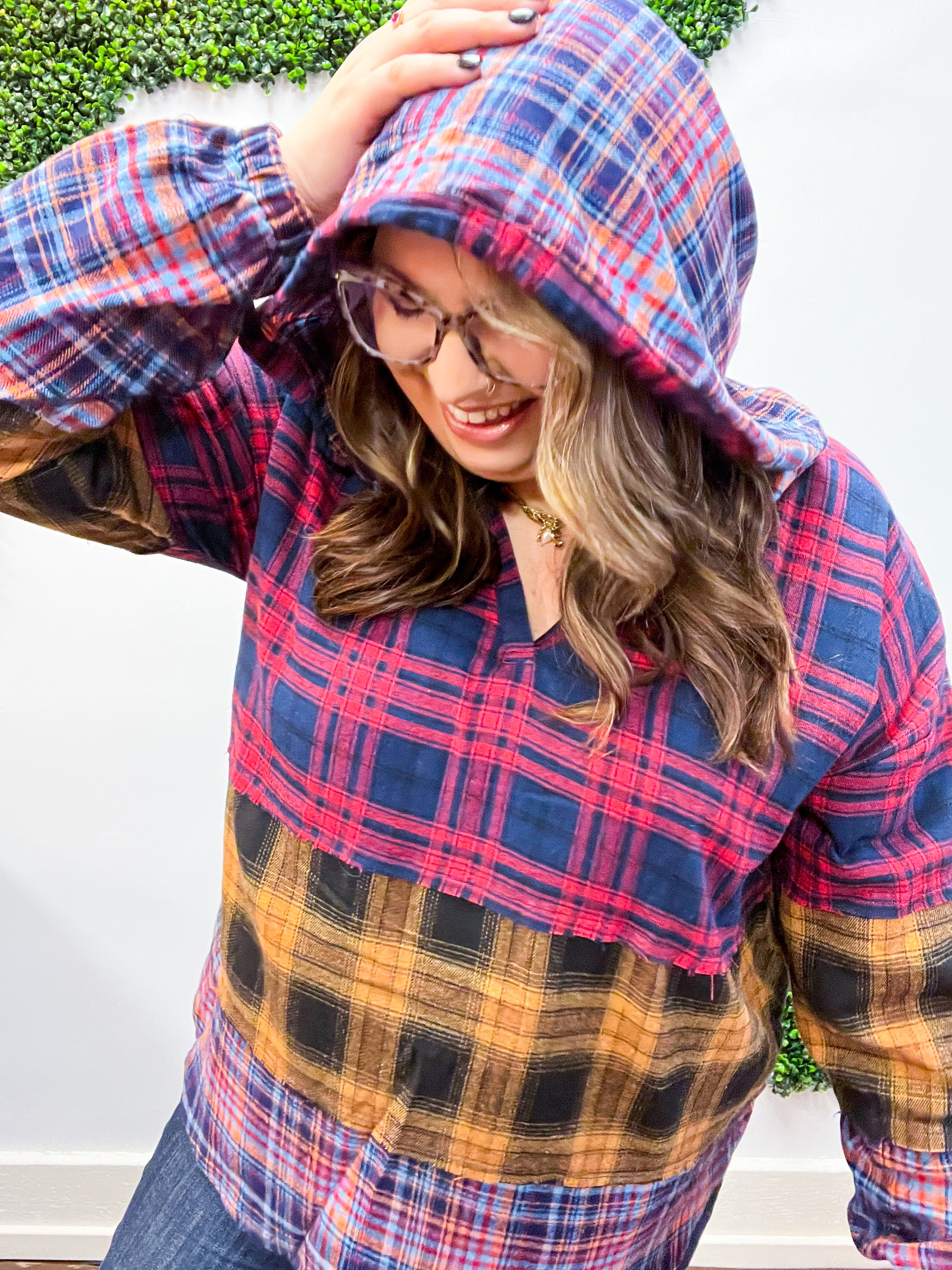 Plaid Perfection Notched Neck Hoodie