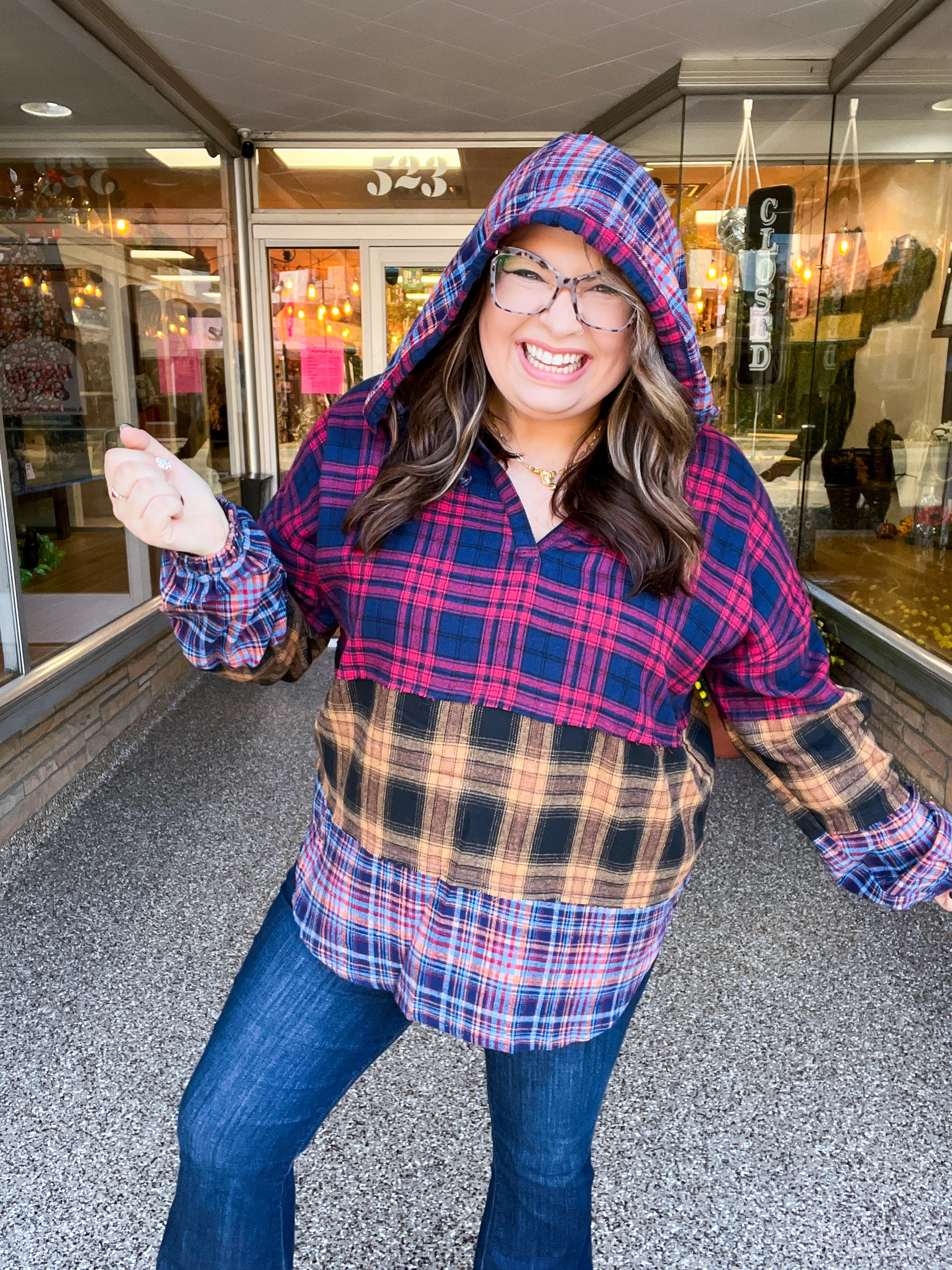 Plaid Perfection Notched Neck Hoodie