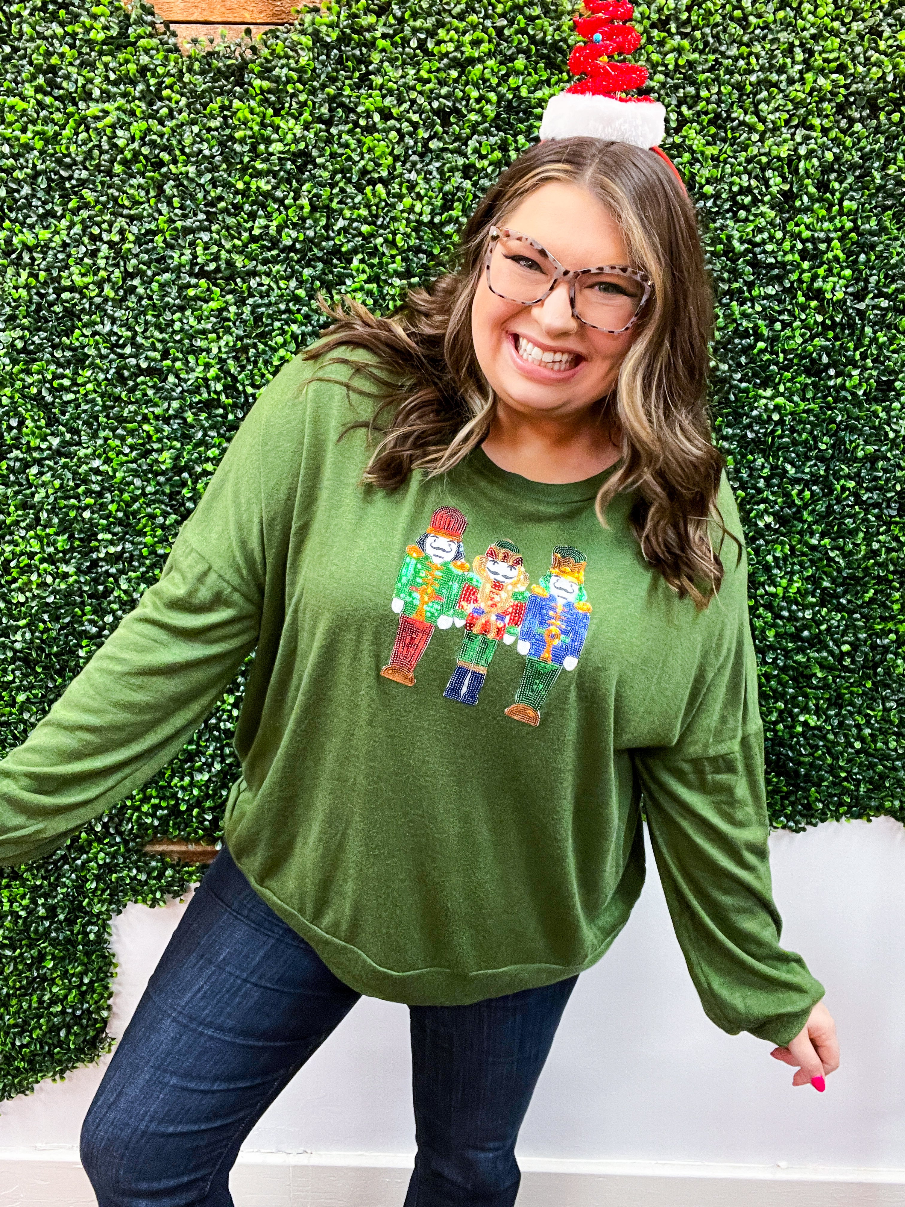 Jolly Nutcracker Hacci Sweater Top - Olive