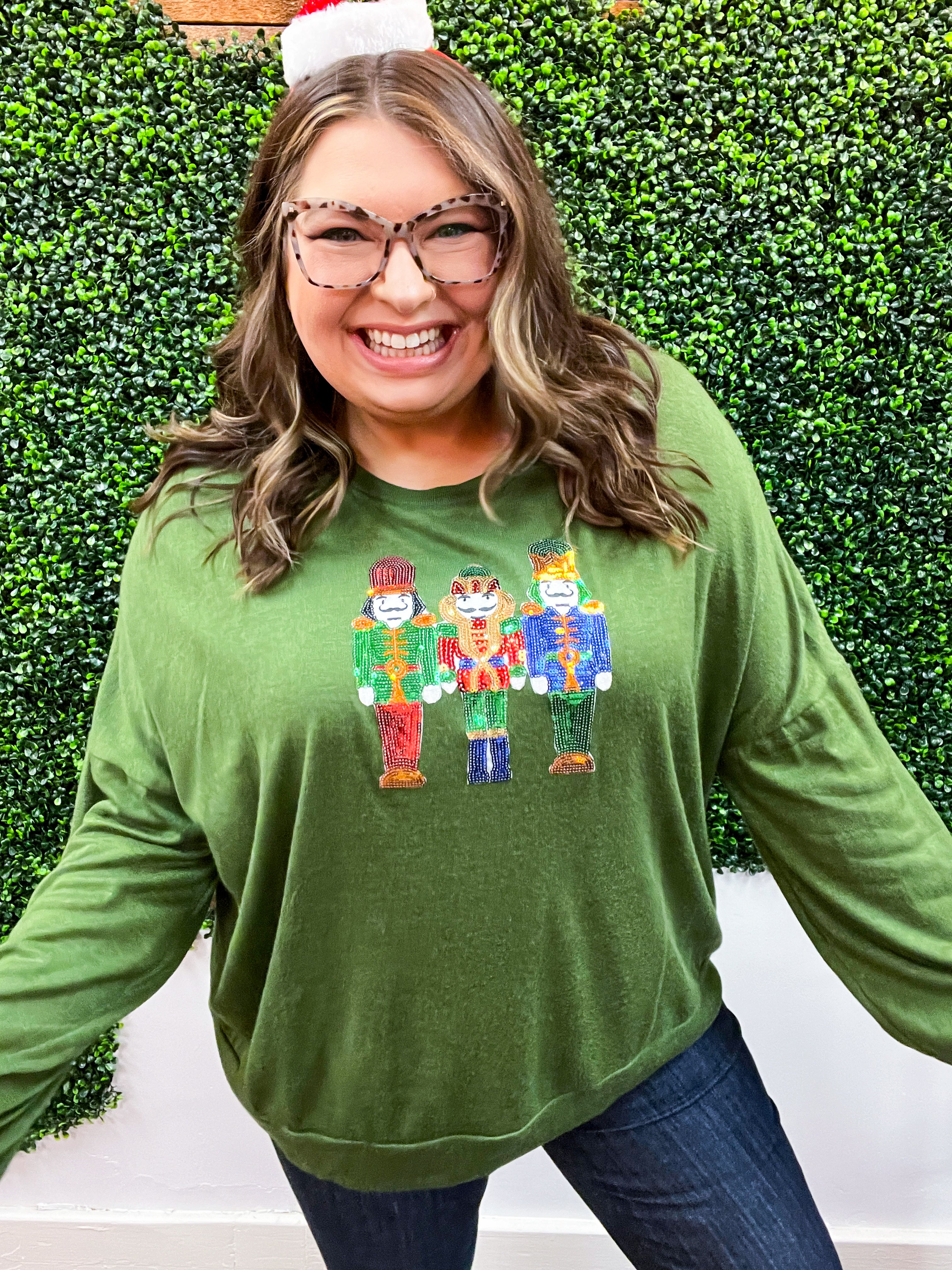 Jolly Nutcracker Hacci Sweater Top - Olive