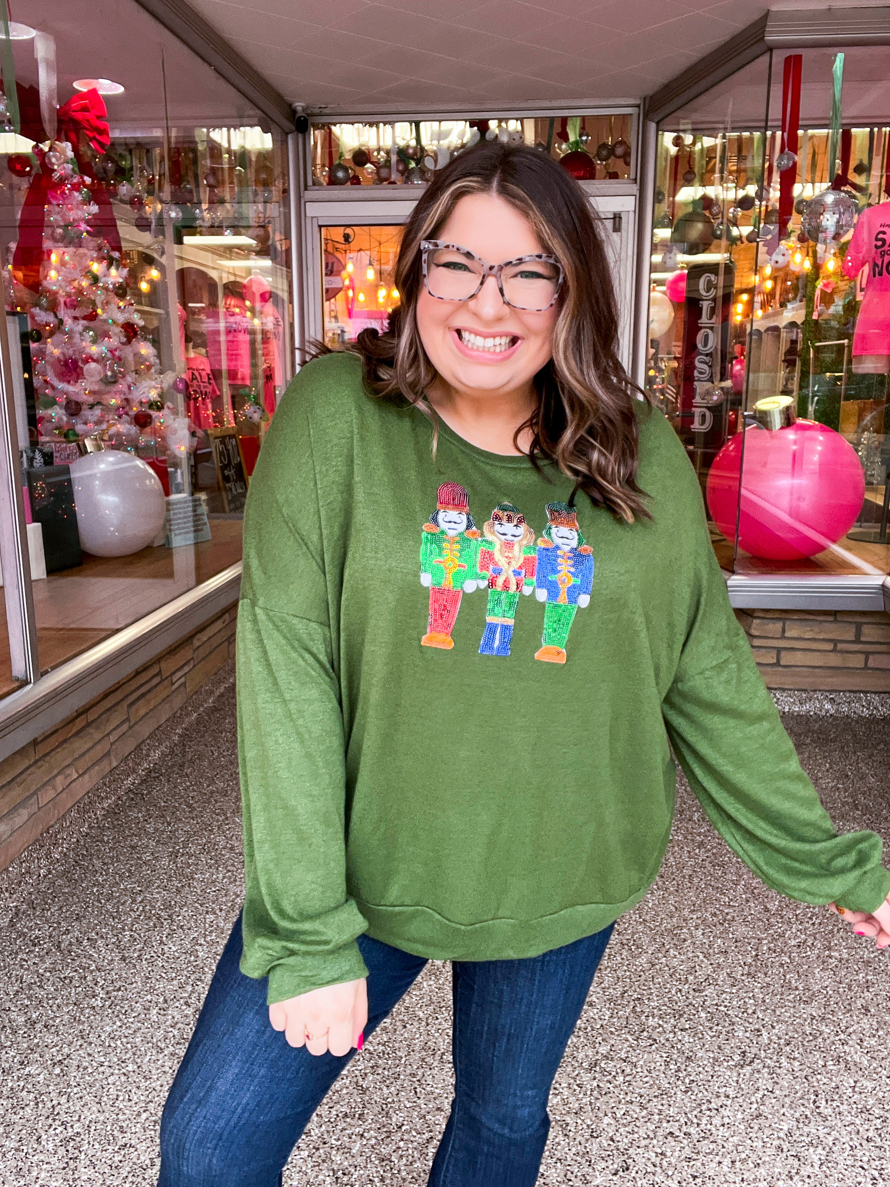 Jolly Nutcracker Hacci Sweater Top - Olive