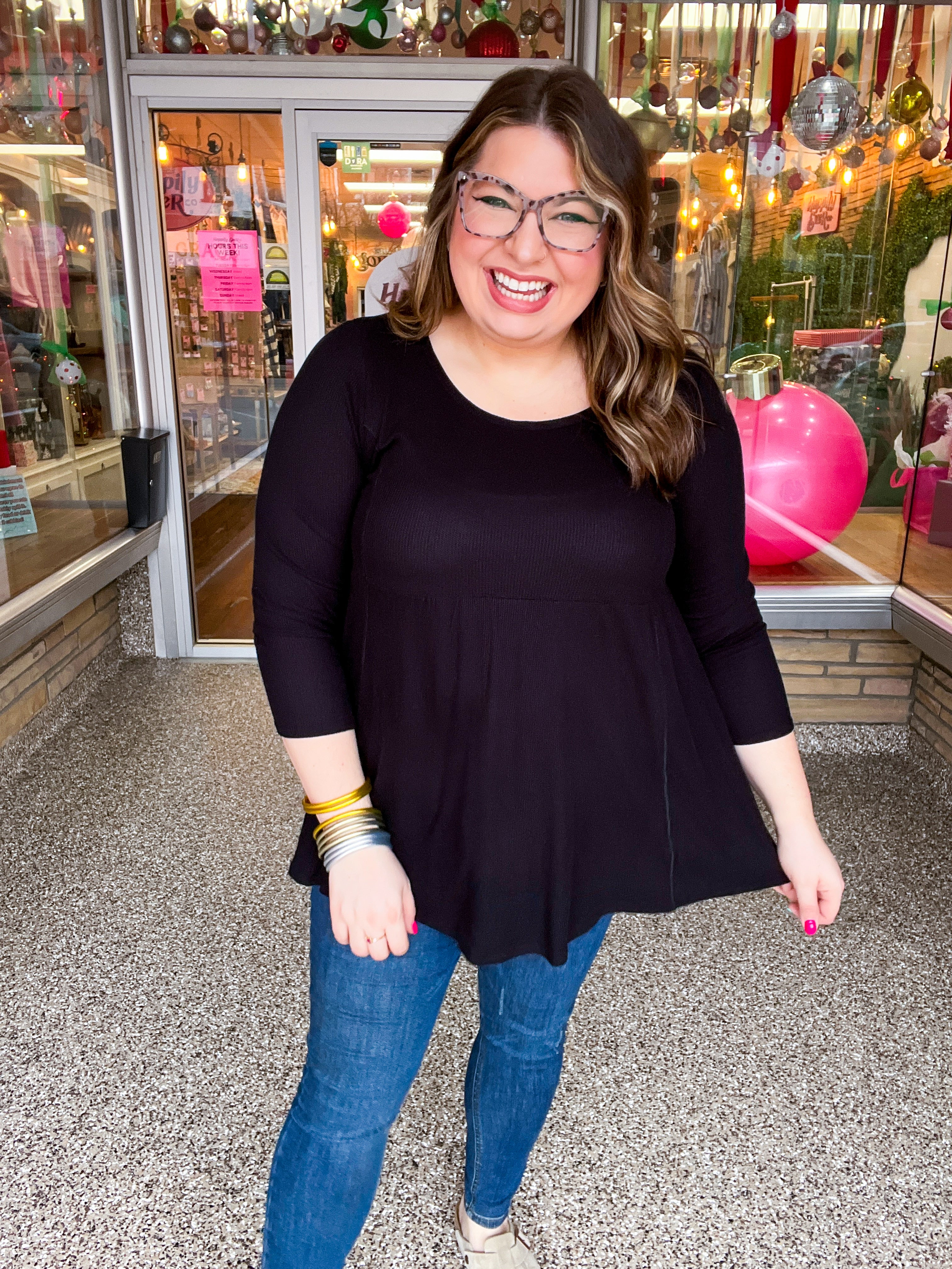 Pure Bliss Thermal 3/4 Sleeve Babydoll Top - Black *FINAL SALE*