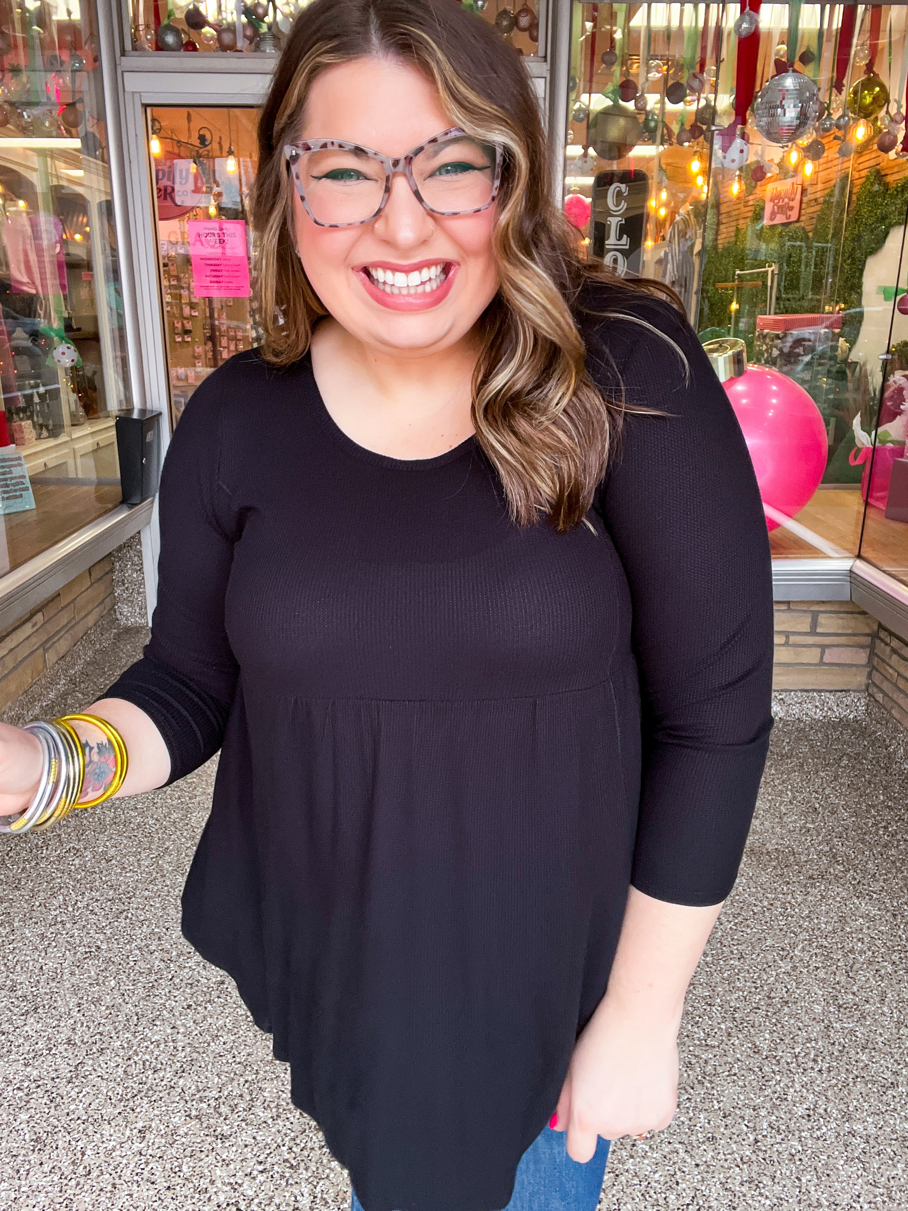 Pure Bliss Thermal 3/4 Sleeve Babydoll Top - Black *FINAL SALE*