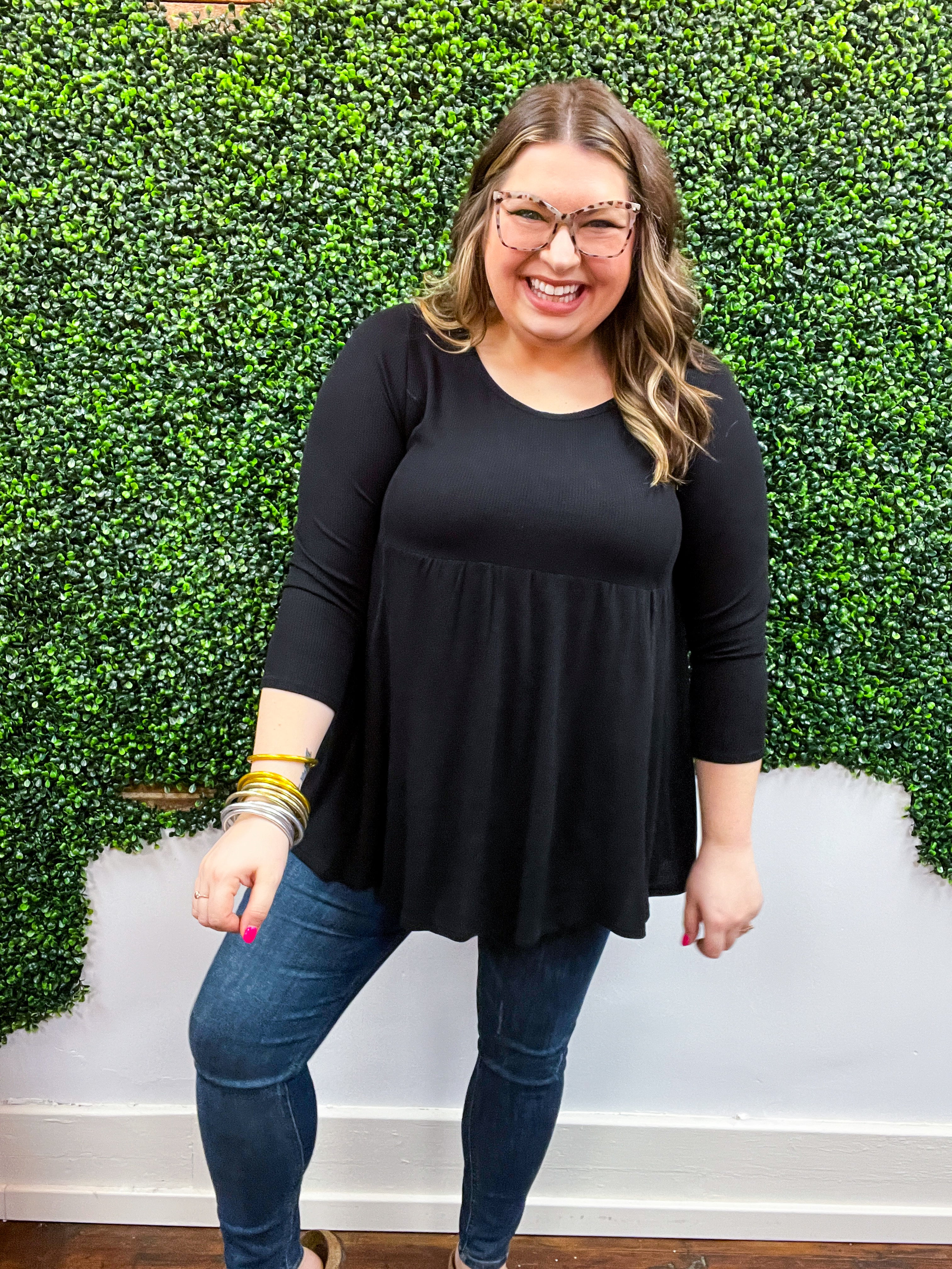 Pure Bliss Thermal 3/4 Sleeve Babydoll Top - Black *FINAL SALE*
