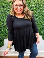 Pure Bliss Thermal 3/4 Sleeve Babydoll Top - Black *FINAL SALE*