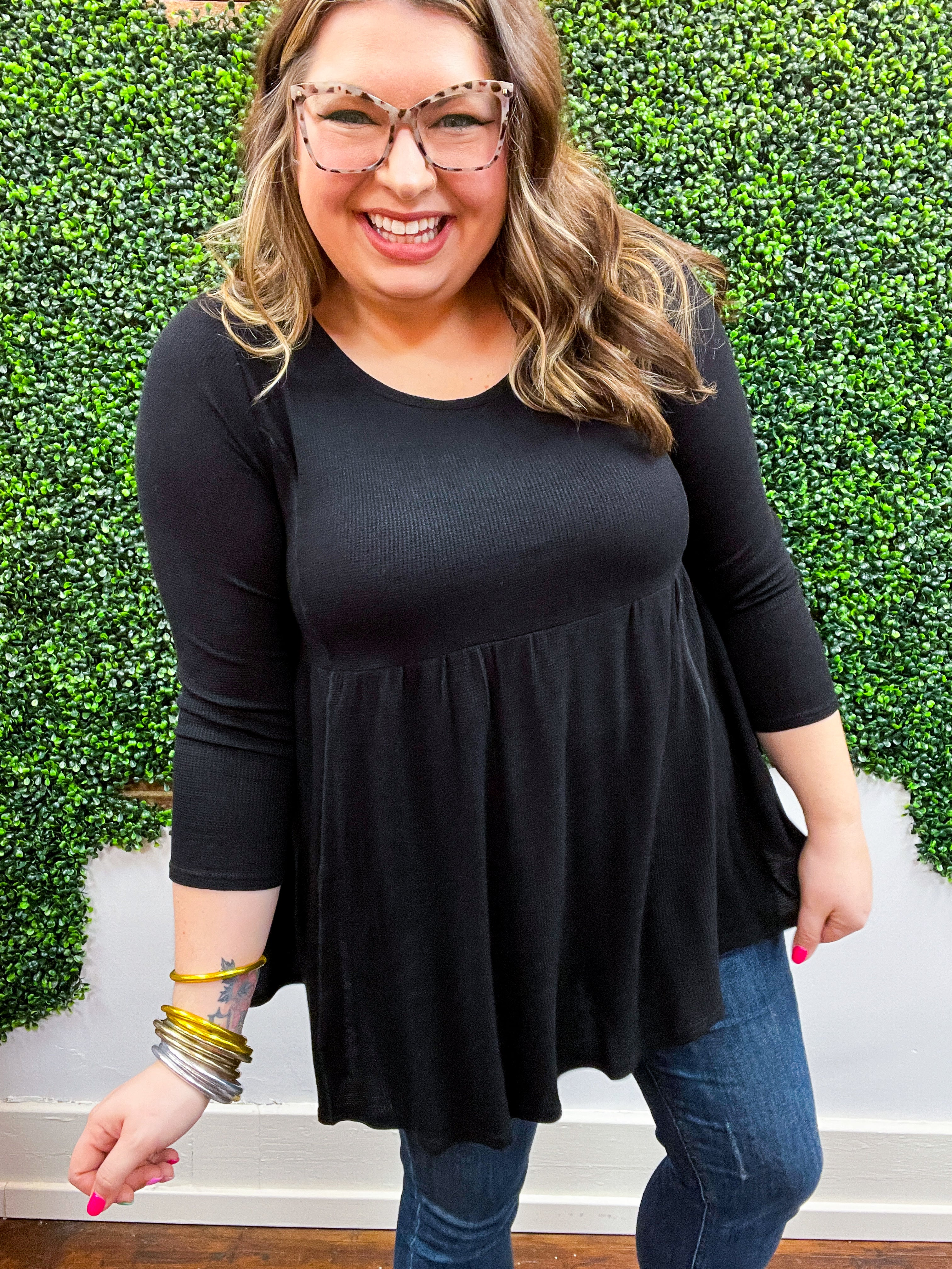 Pure Bliss Thermal 3/4 Sleeve Babydoll Top - Black *FINAL SALE*