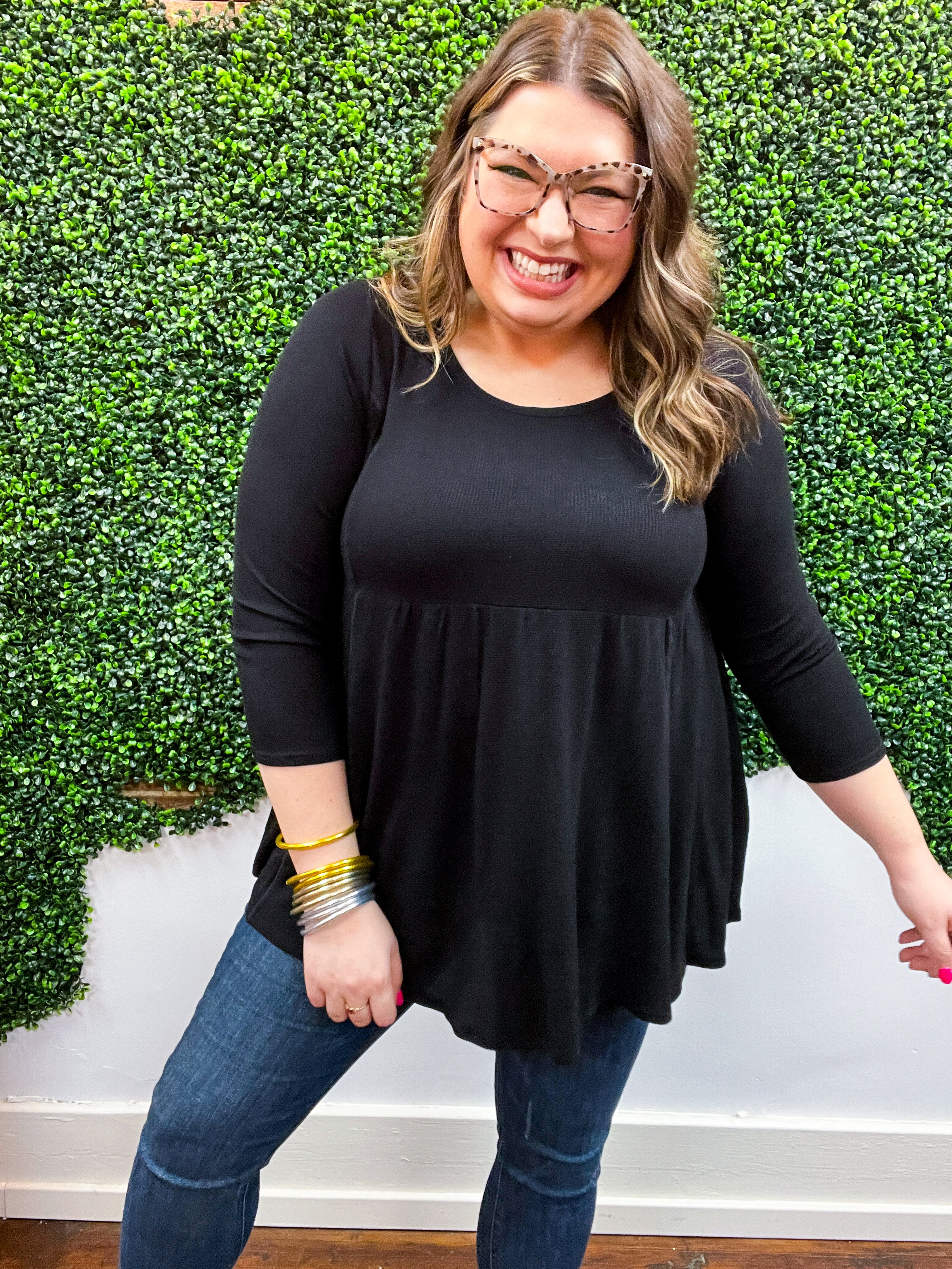 Pure Bliss Thermal 3/4 Sleeve Babydoll Top - Black *FINAL SALE*