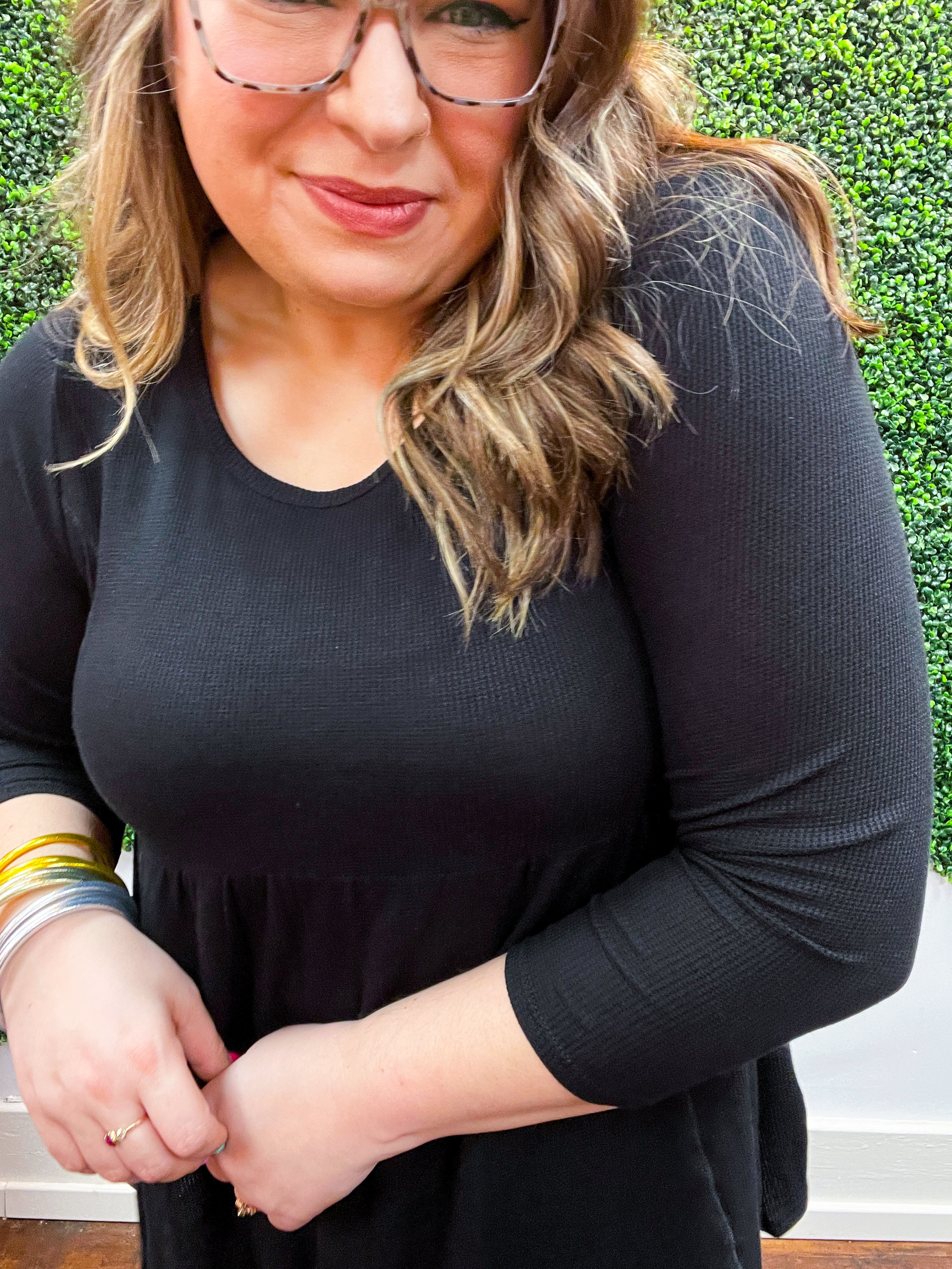 Pure Bliss Thermal 3/4 Sleeve Babydoll Top - Black *FINAL SALE*