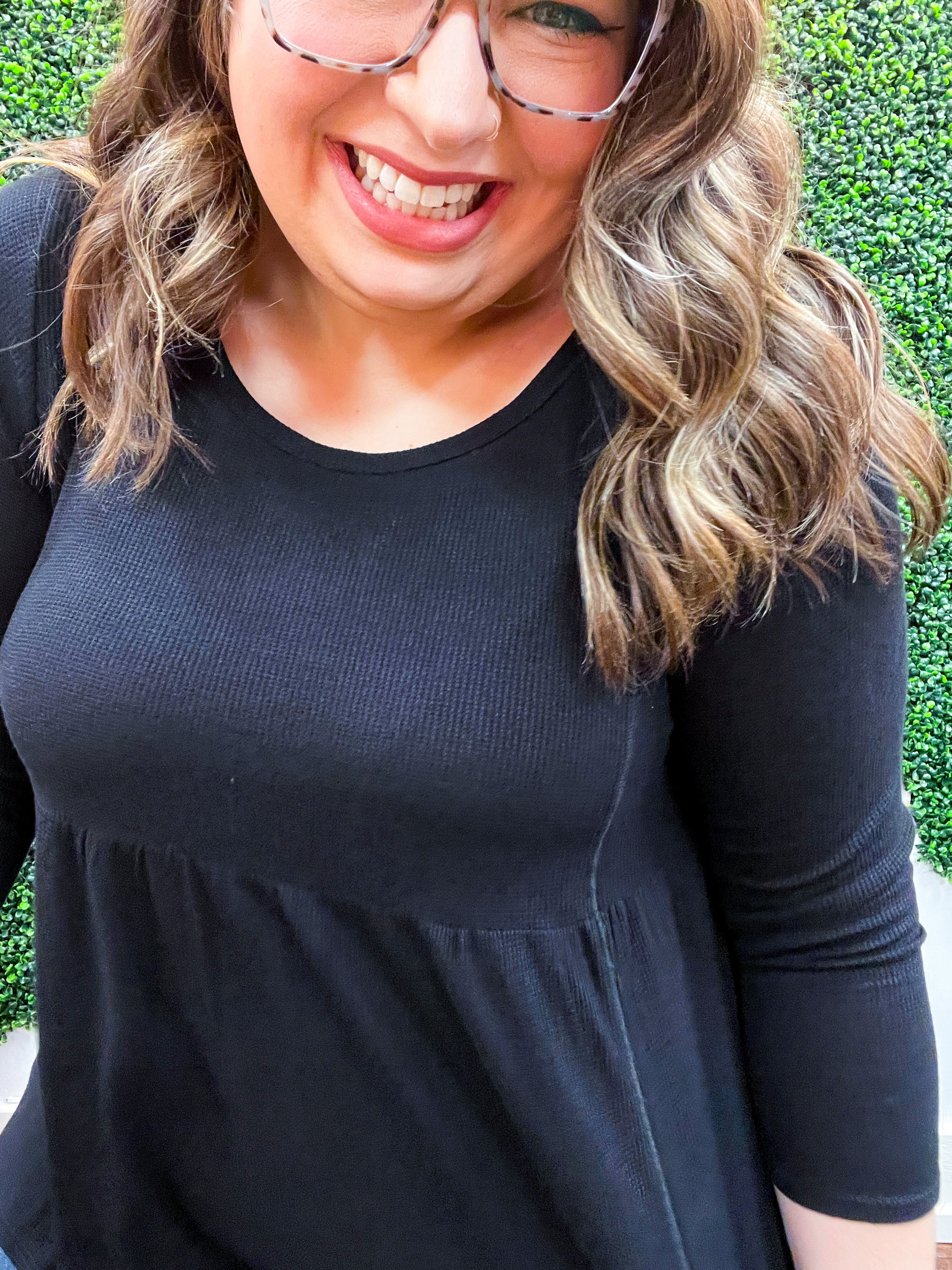 Pure Bliss Thermal 3/4 Sleeve Babydoll Top - Black *FINAL SALE*