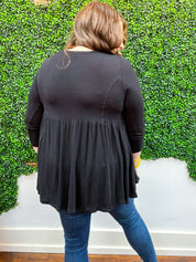 Pure Bliss Thermal 3/4 Sleeve Babydoll Top - Black *FINAL SALE*