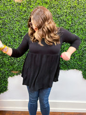 Pure Bliss Thermal 3/4 Sleeve Babydoll Top - Black *FINAL SALE*