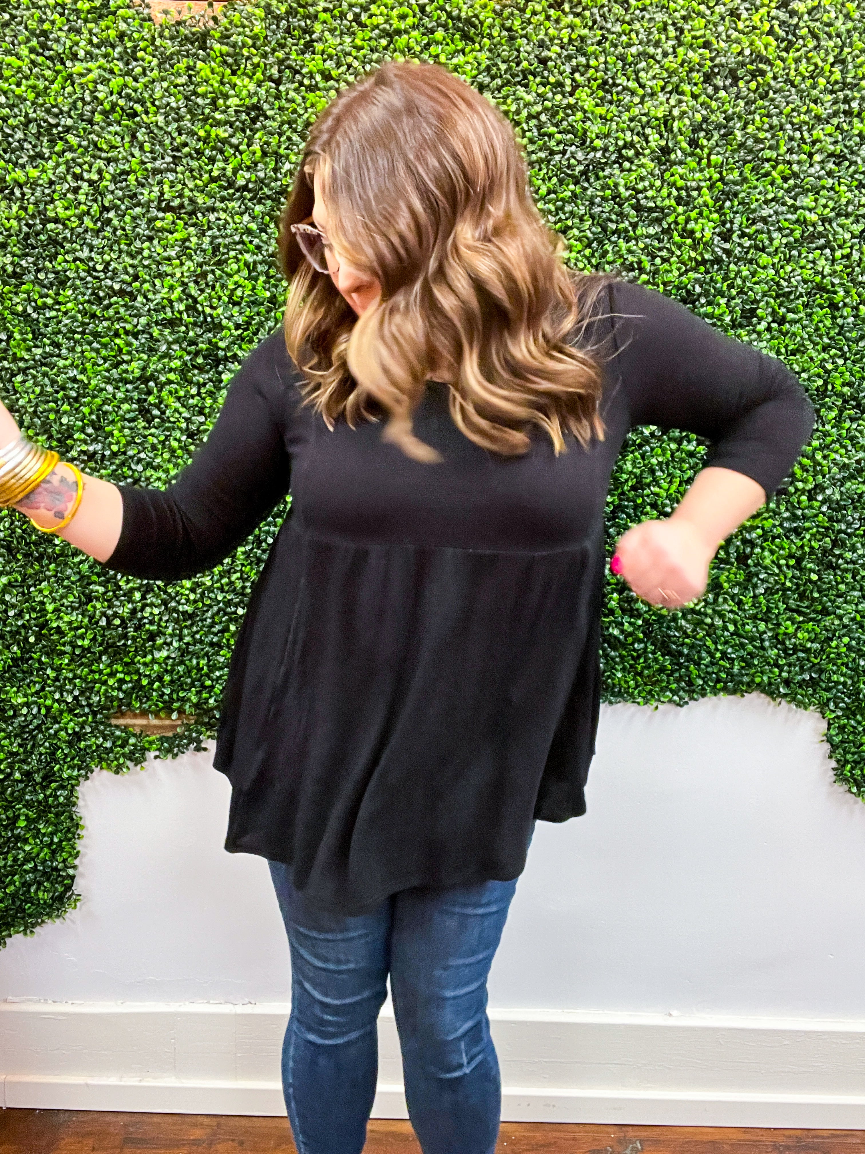 Pure Bliss Thermal 3/4 Sleeve Babydoll Top - Black *FINAL SALE*