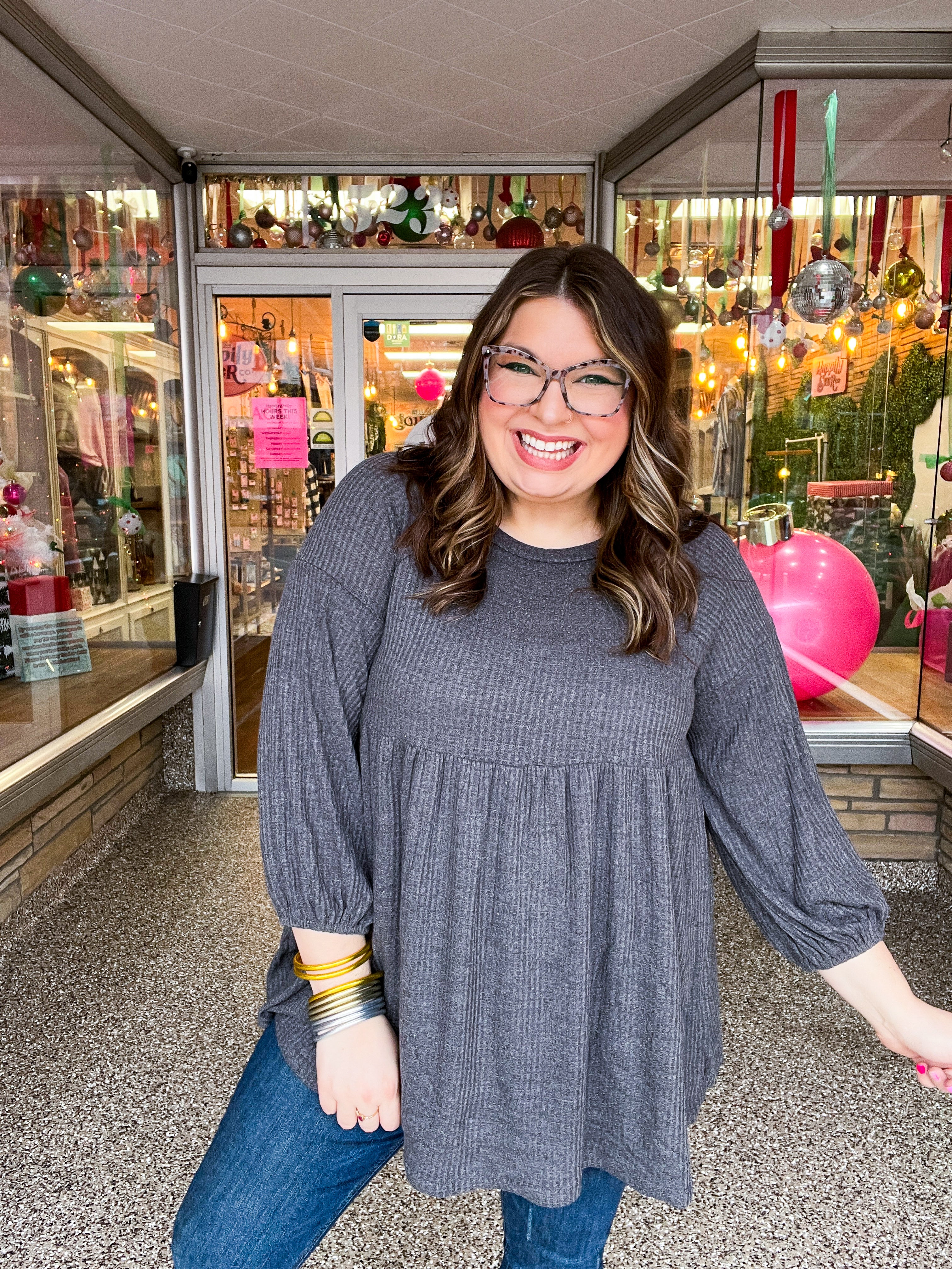 Soft Allure Waffle Babydoll Top - Charcoal *FINAL SALE*