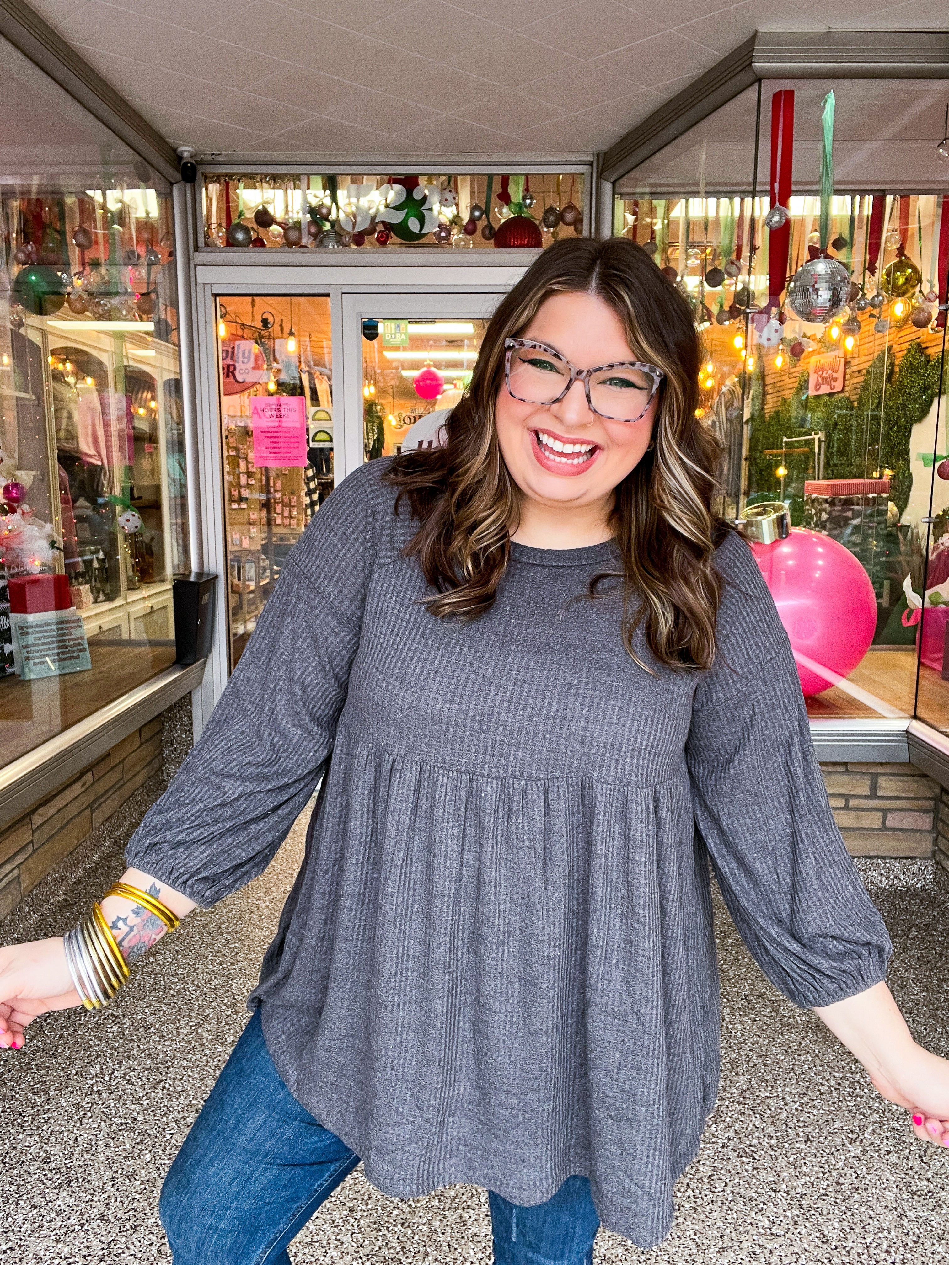 Soft Allure Waffle Babydoll Top - Charcoal *FINAL SALE*