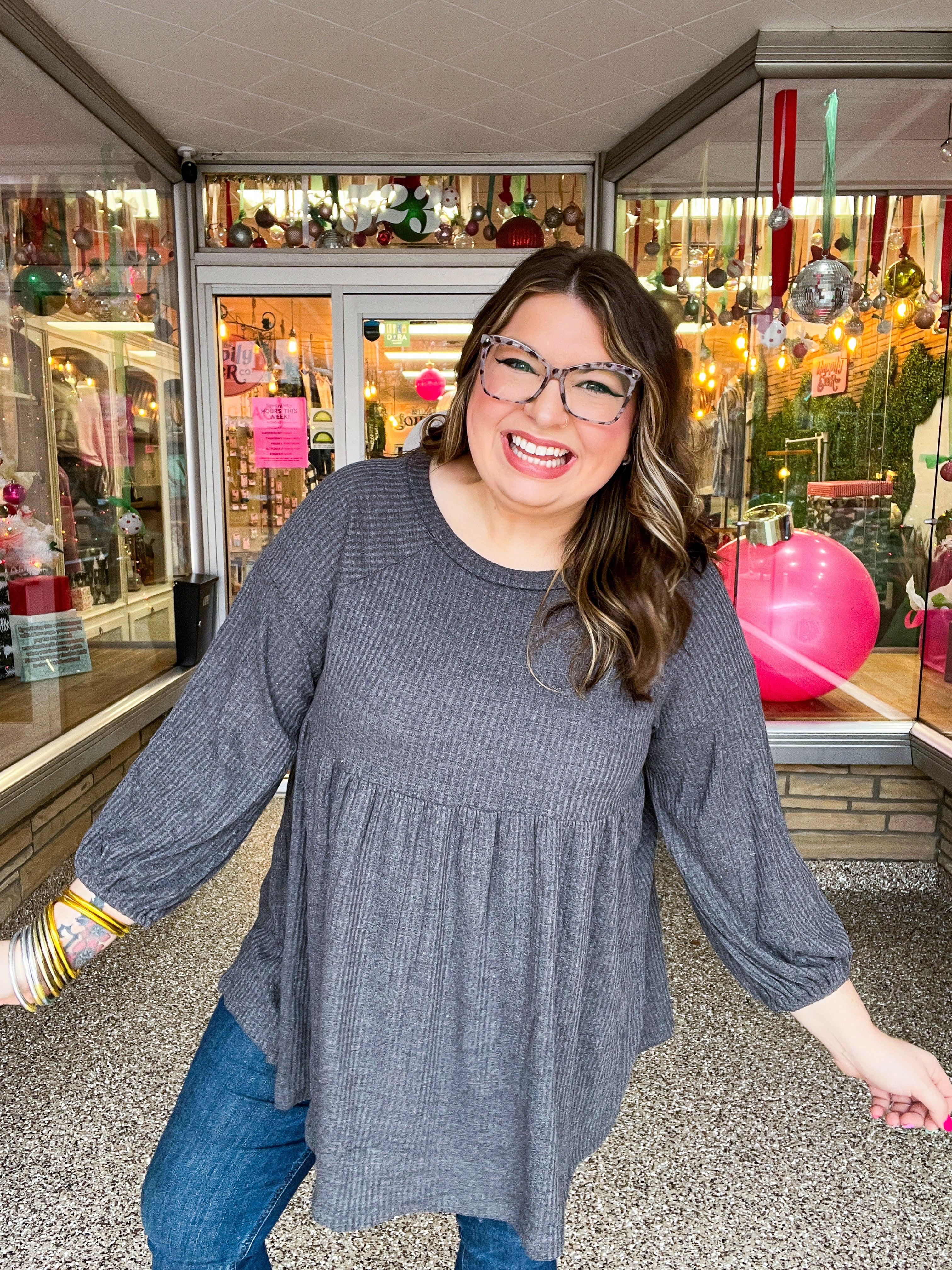 Soft Allure Waffle Babydoll Top - Charcoal *FINAL SALE*