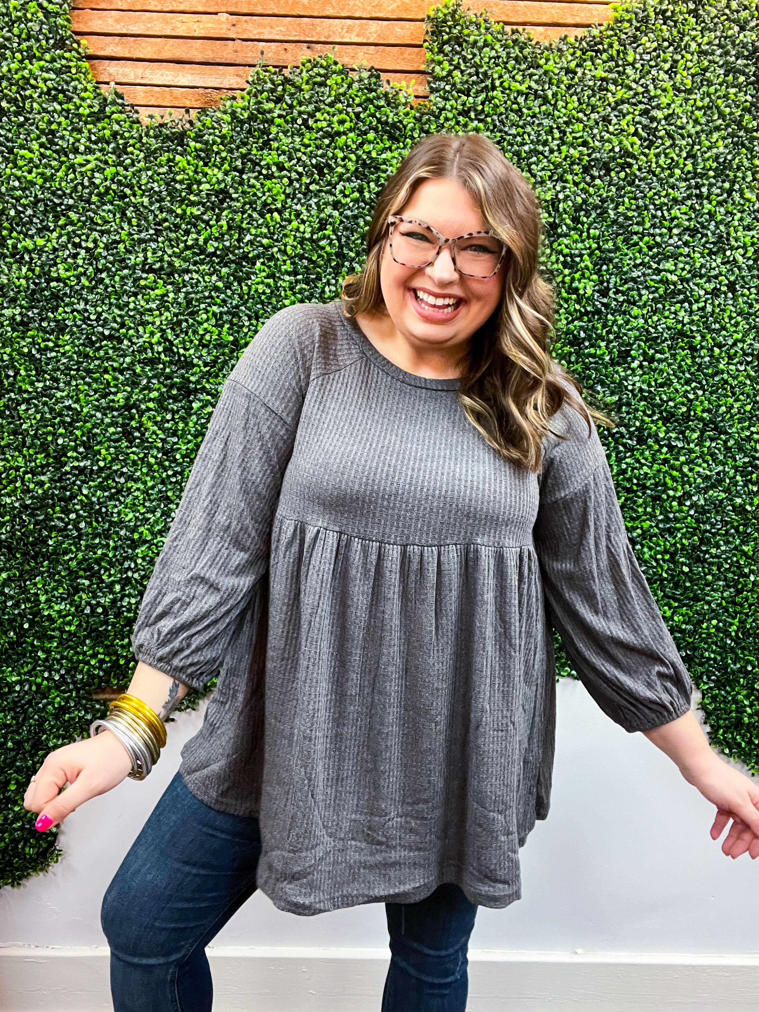 Soft Allure Waffle Babydoll Top - Charcoal *FINAL SALE*