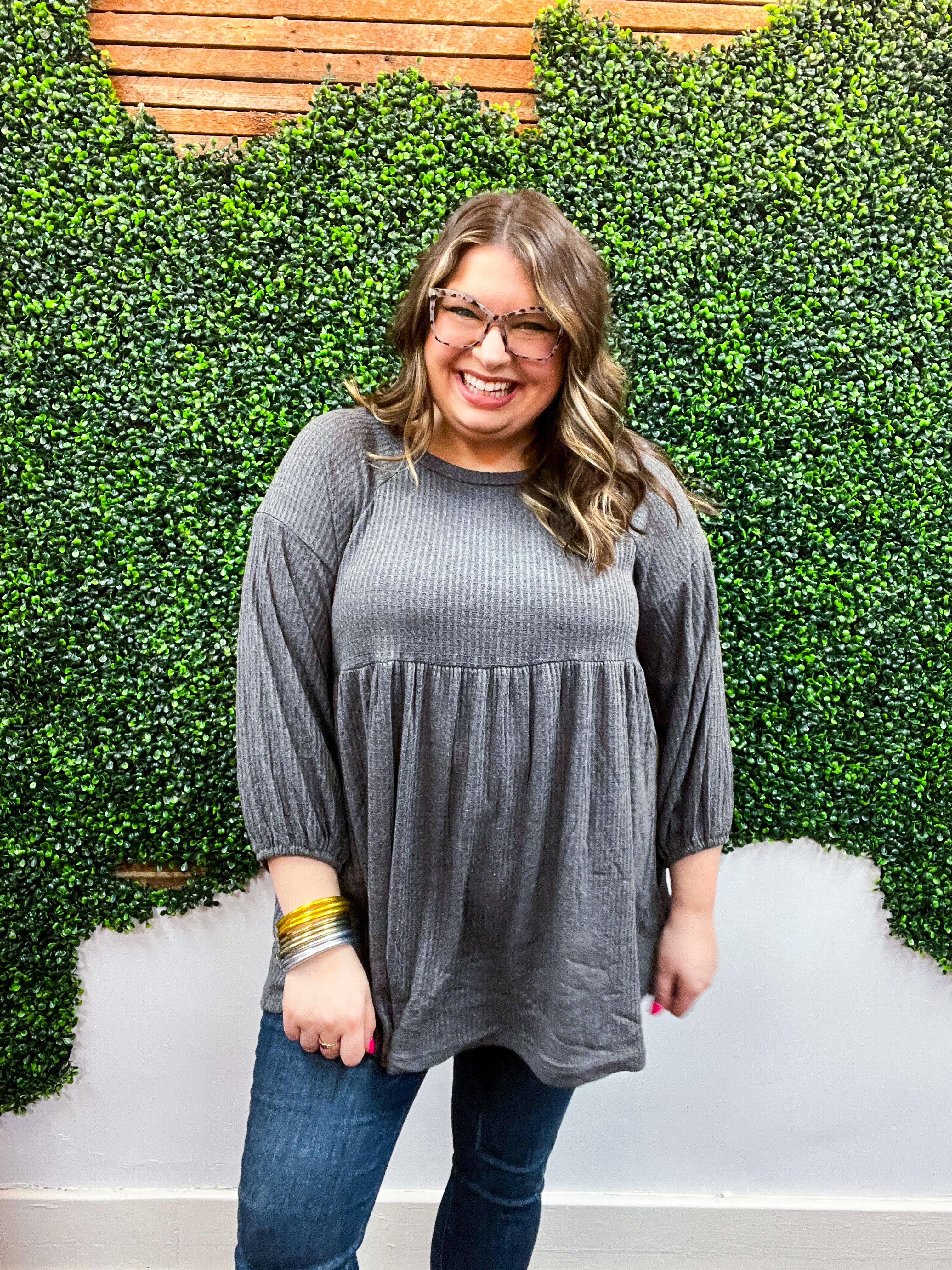 Soft Allure Waffle Babydoll Top - Charcoal *FINAL SALE*