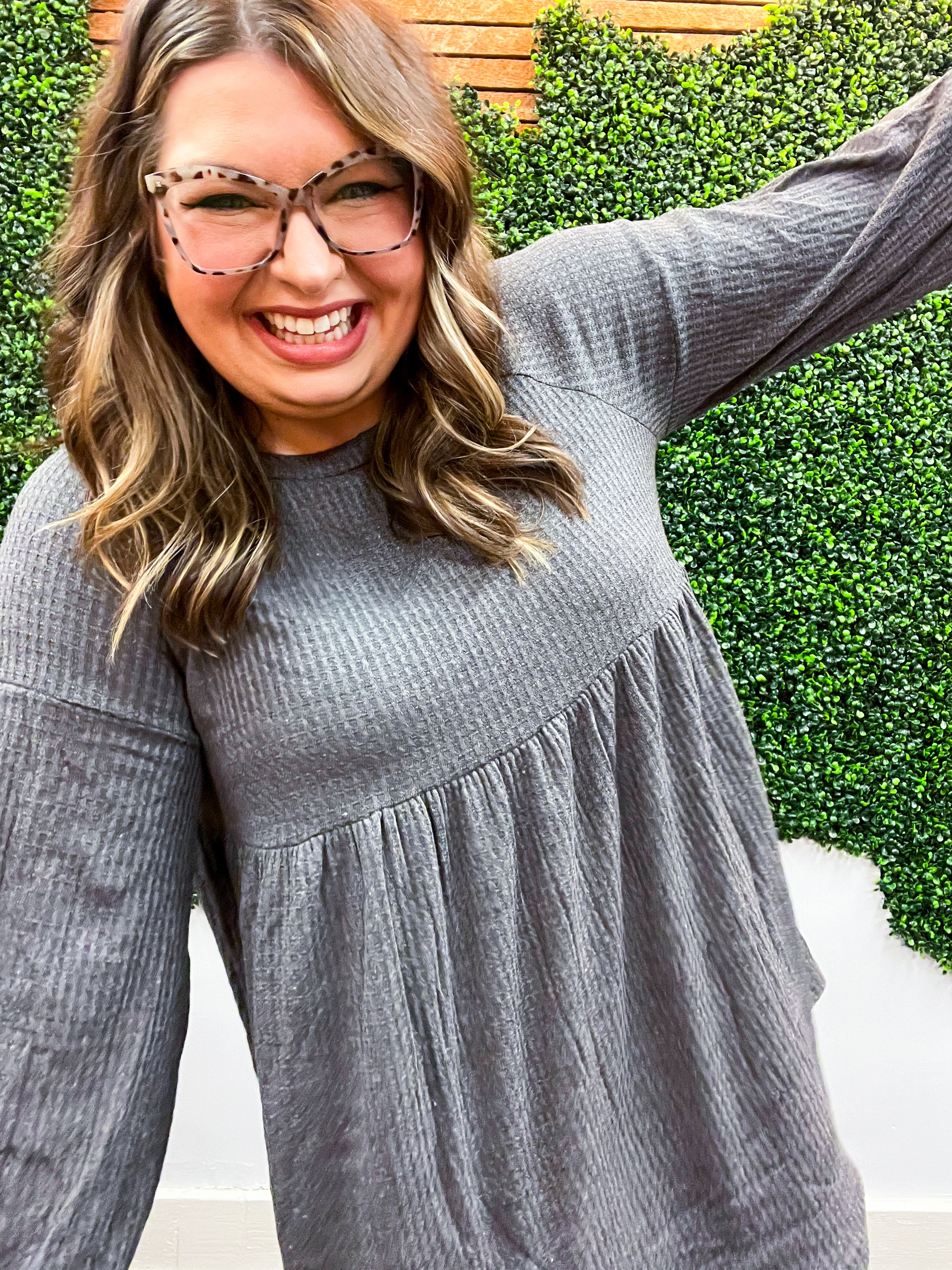 Soft Allure Waffle Babydoll Top - Charcoal *FINAL SALE*