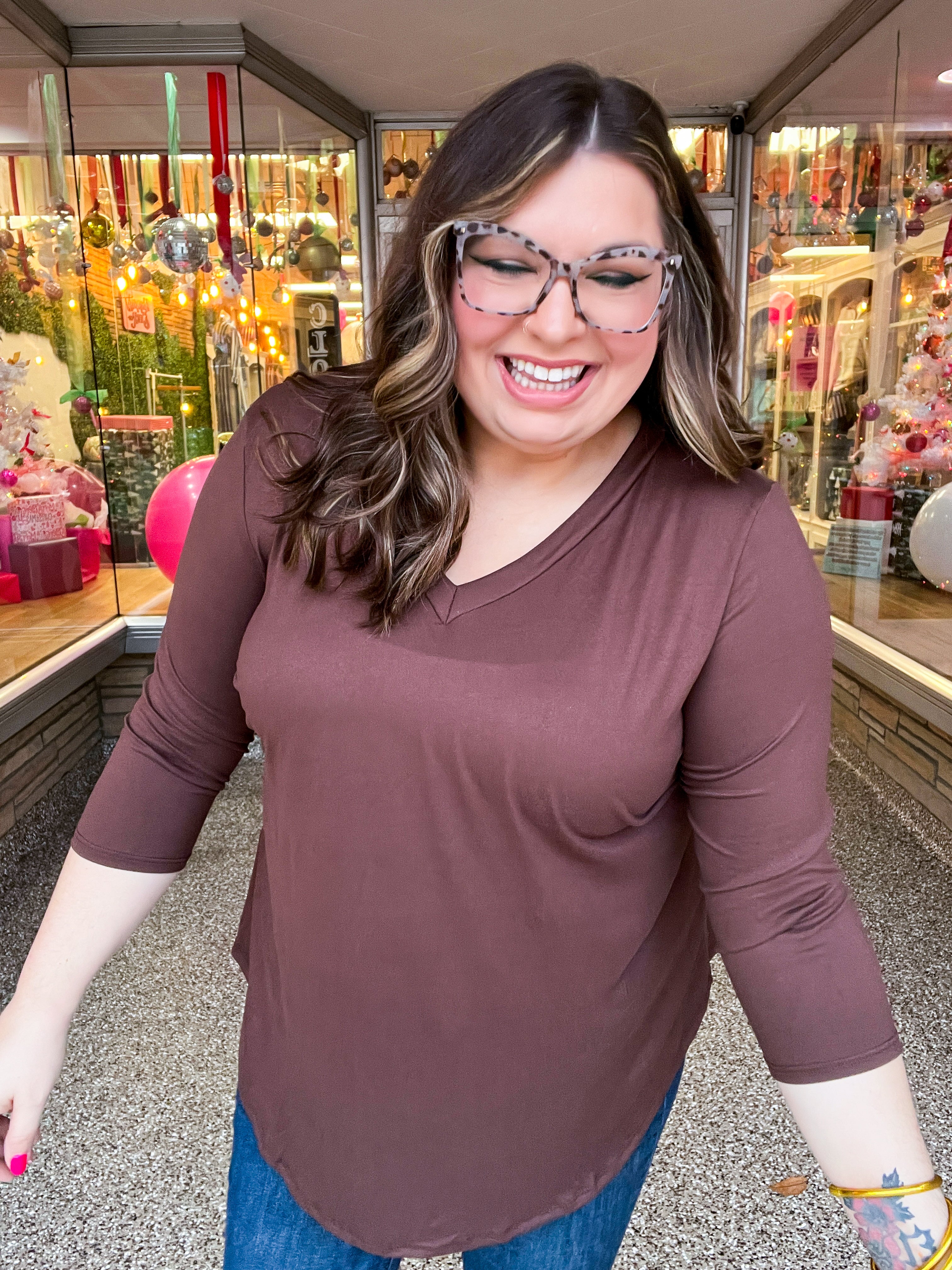 Essential Butter Soft V Neck Long Sleeve Top - Brown *FINAL SALE*