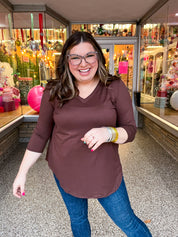 Essential Butter Soft V Neck Long Sleeve Top - Brown *FINAL SALE*