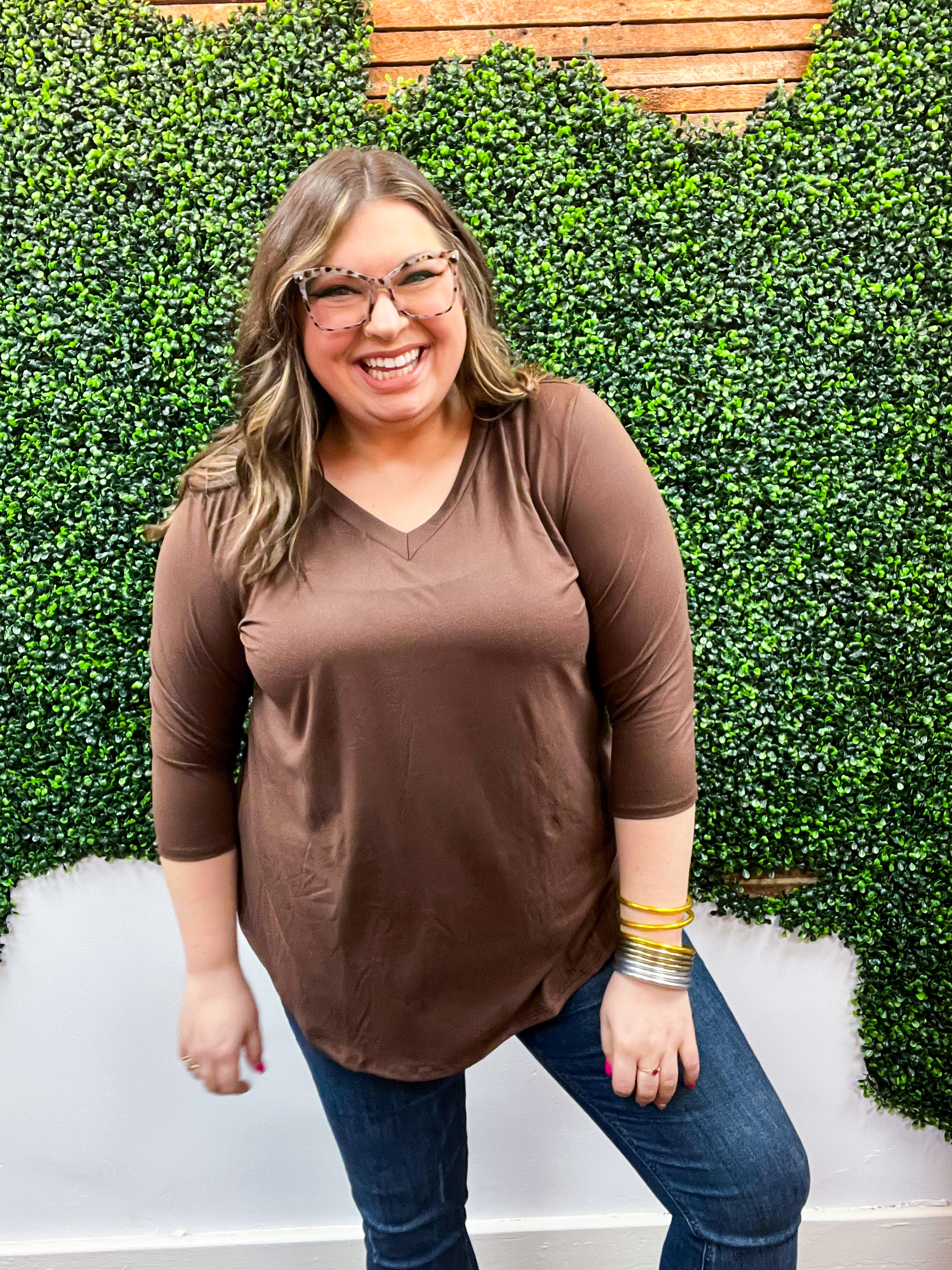 Essential Butter Soft V Neck Long Sleeve Top - Brown *FINAL SALE*