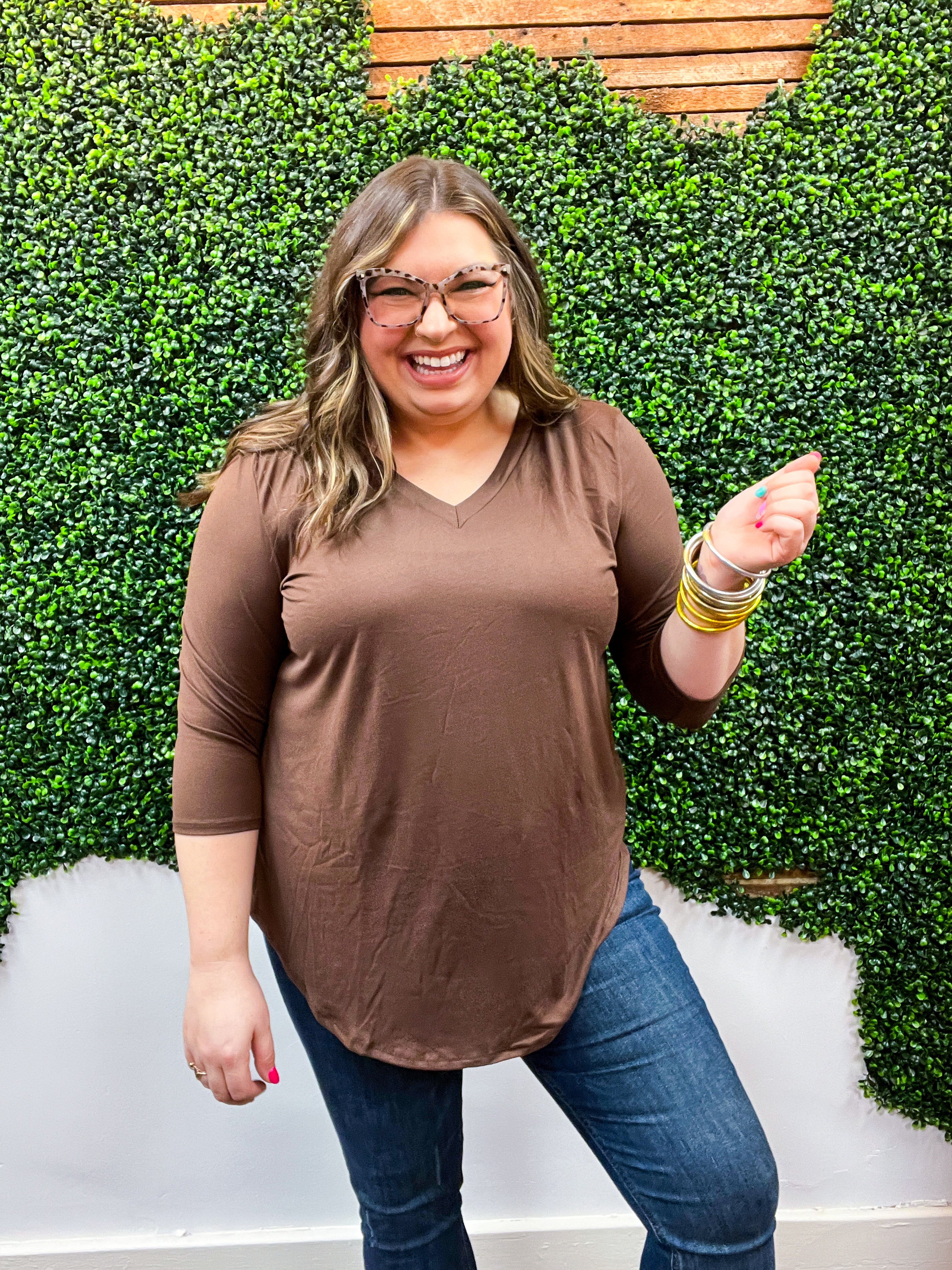 Essential Butter Soft V Neck Long Sleeve Top - Brown *FINAL SALE*