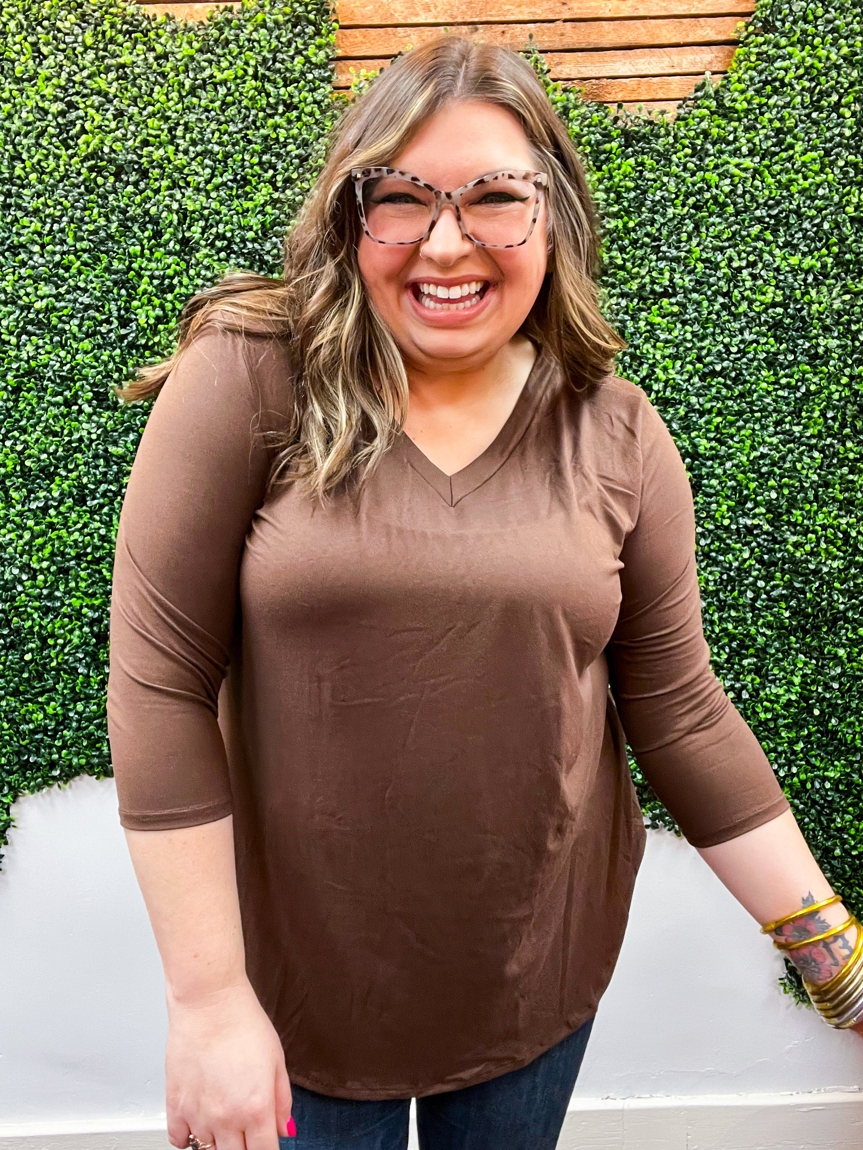 Essential Butter Soft V Neck Long Sleeve Top - Brown *FINAL SALE*