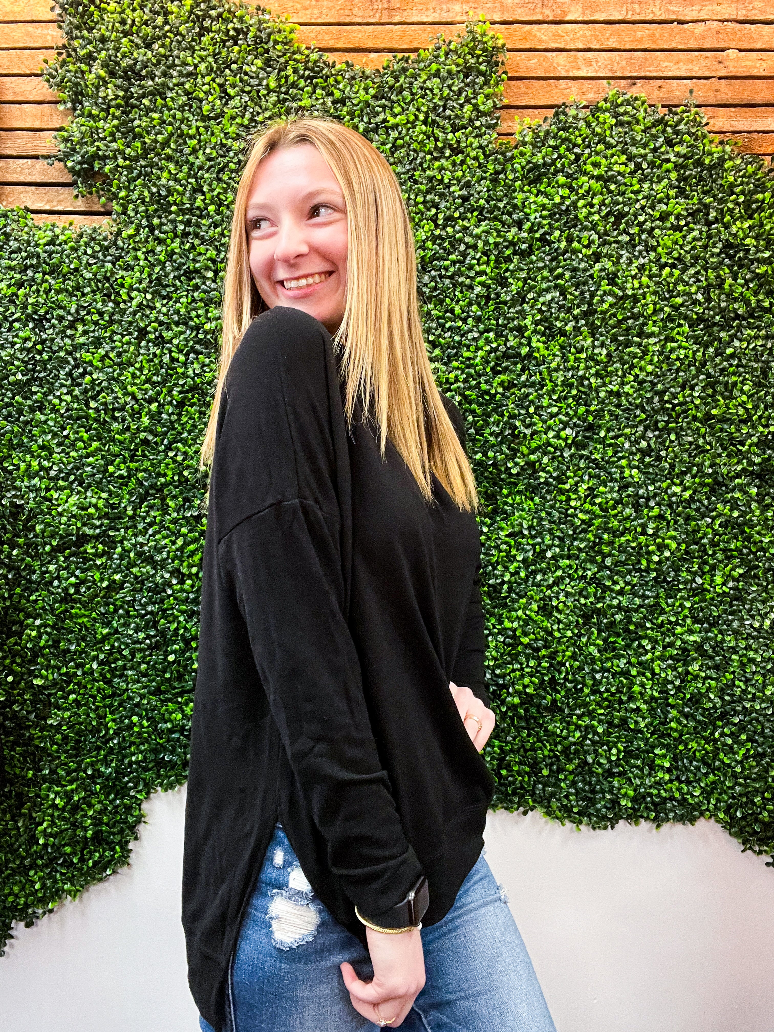 Cozy Currents French Terry Cowl Neck Top - Black *FINAL SALE*