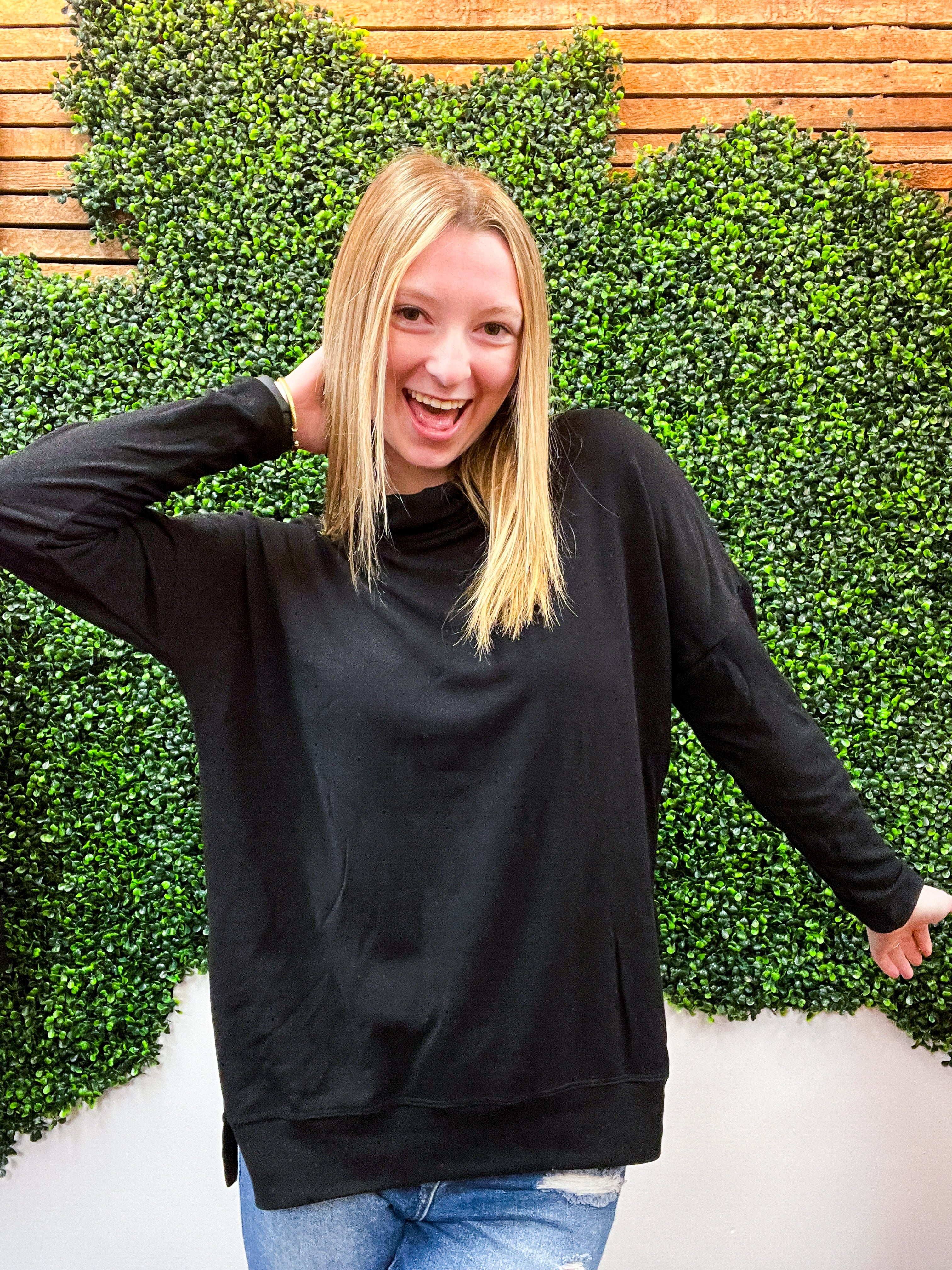Cozy Currents French Terry Cowl Neck Top - Black *FINAL SALE*