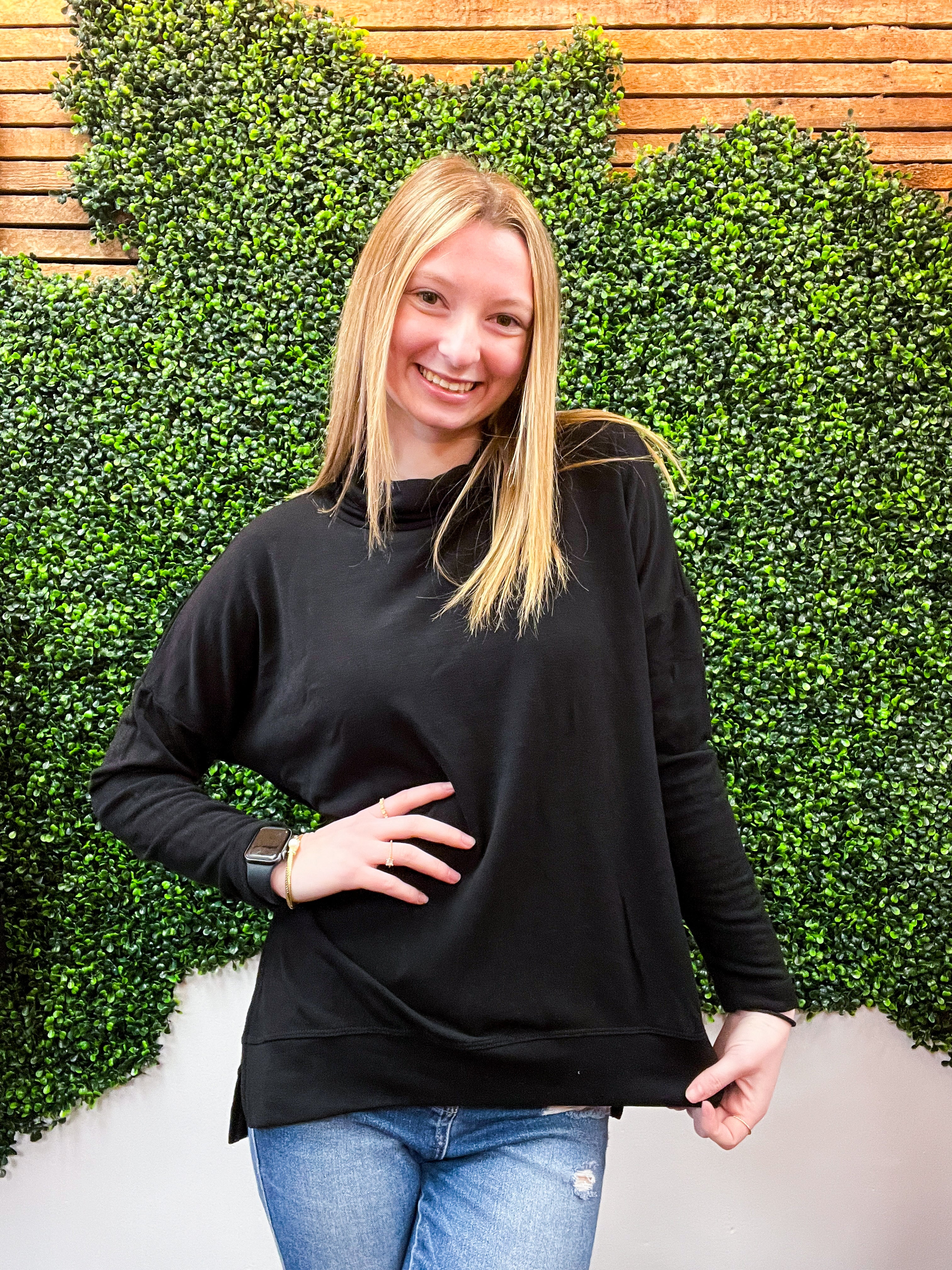 Cozy Currents French Terry Cowl Neck Top - Black *FINAL SALE*