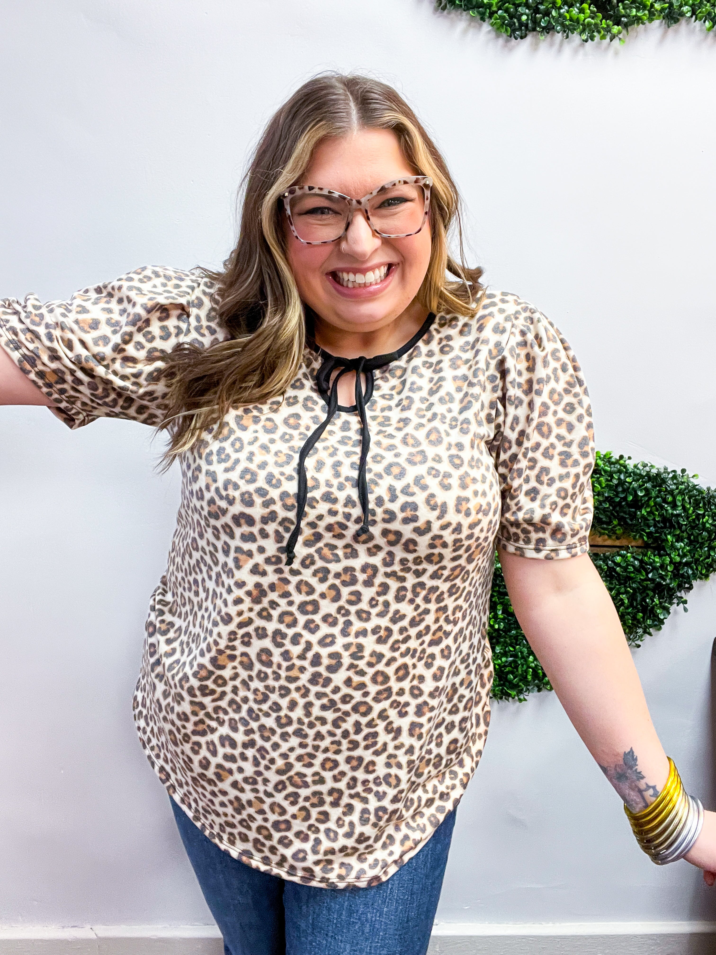 Purrfectly Styled Animal Print Tie Neck Top