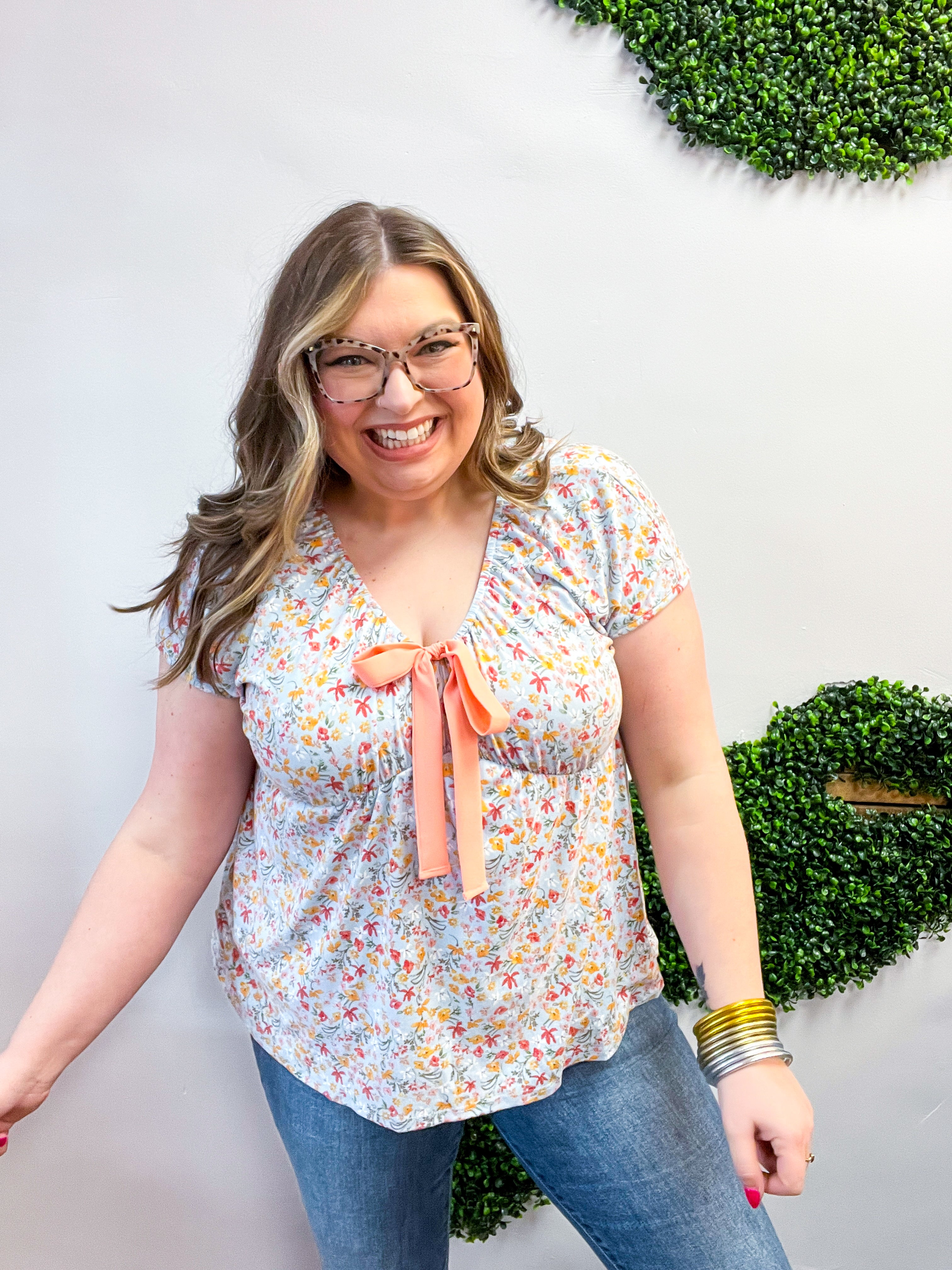 Sunny Days Floral Bow Top in Sky Blue