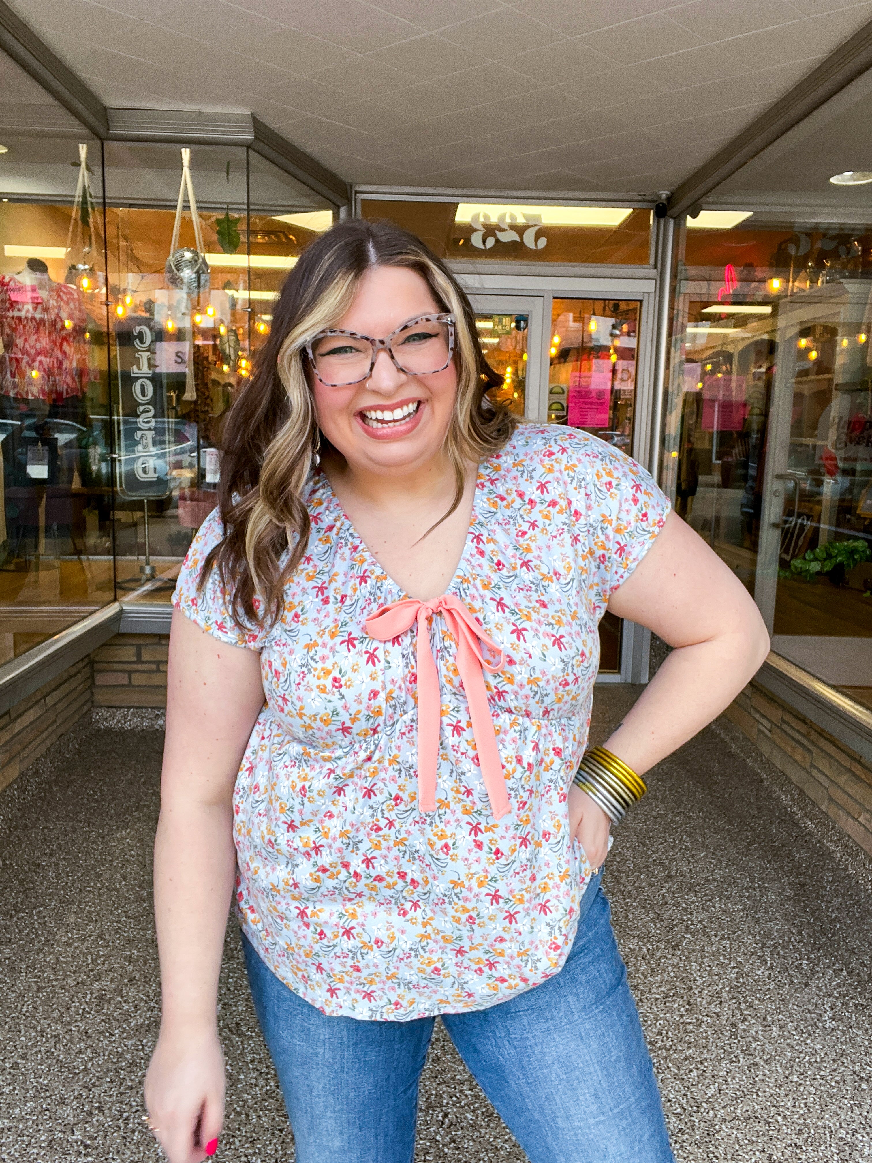 Sunny Days Floral Bow Top in Sky Blue