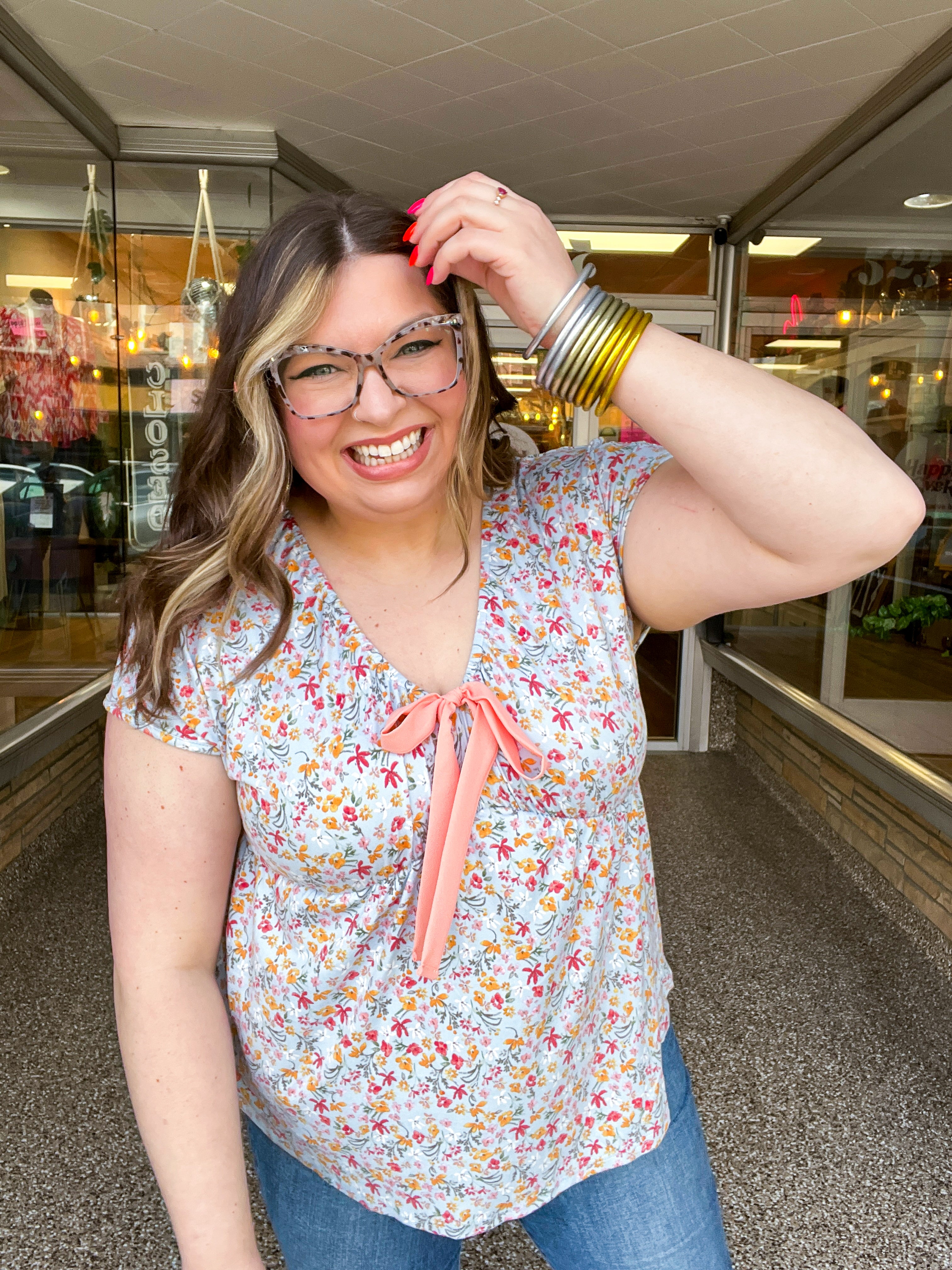 Sunny Days Floral Bow Top in Sky Blue
