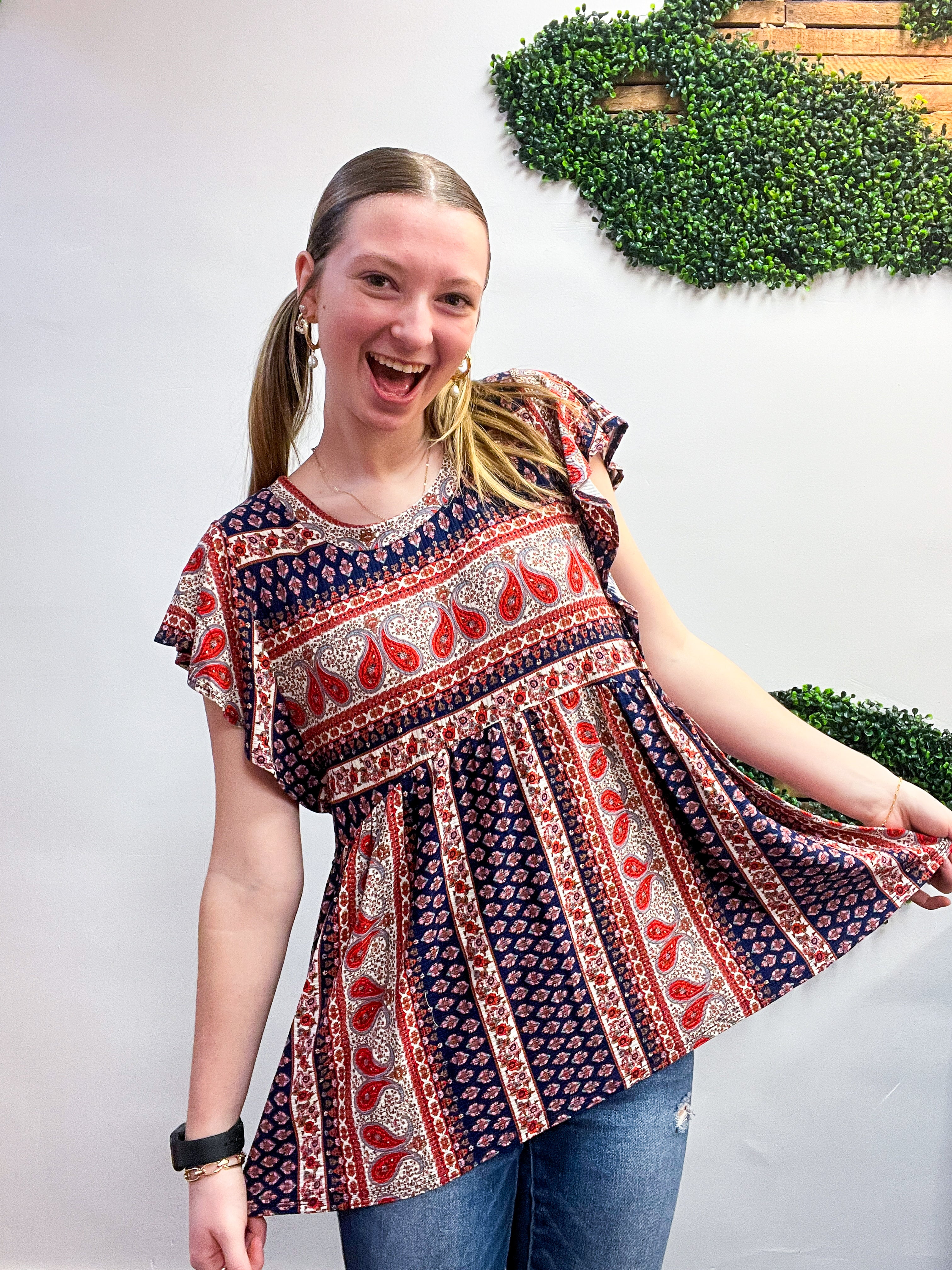 Wildflower Way Paisley Top in Navy
