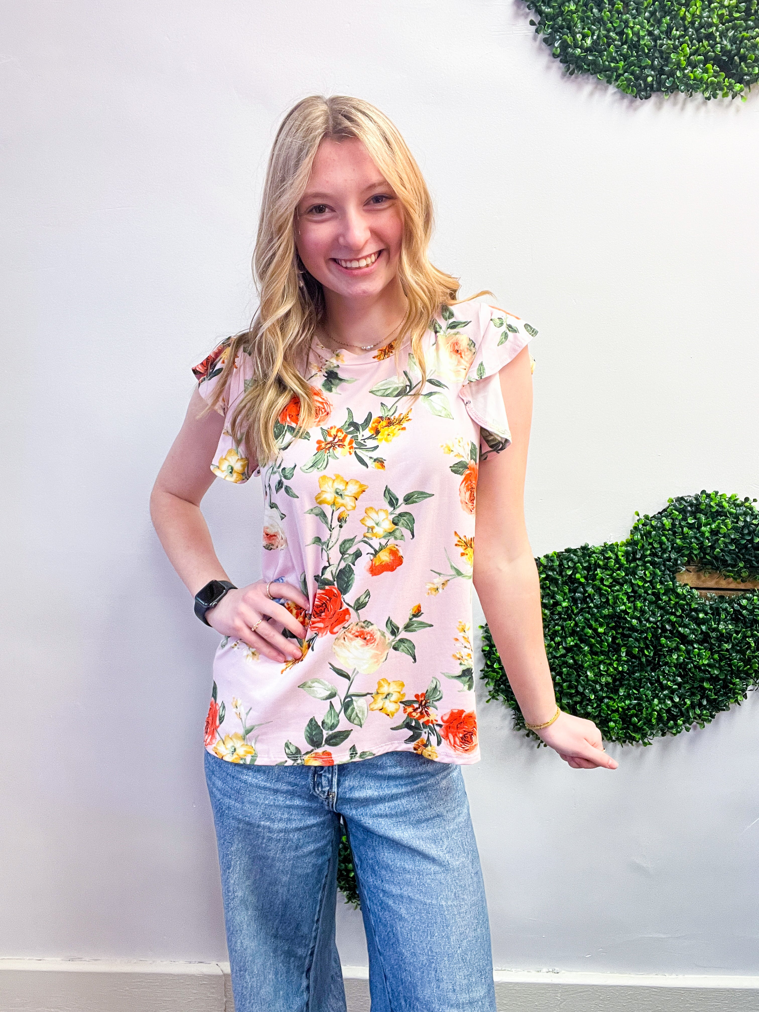 Floral Fancy Flutter Sleeve Top in Lilac