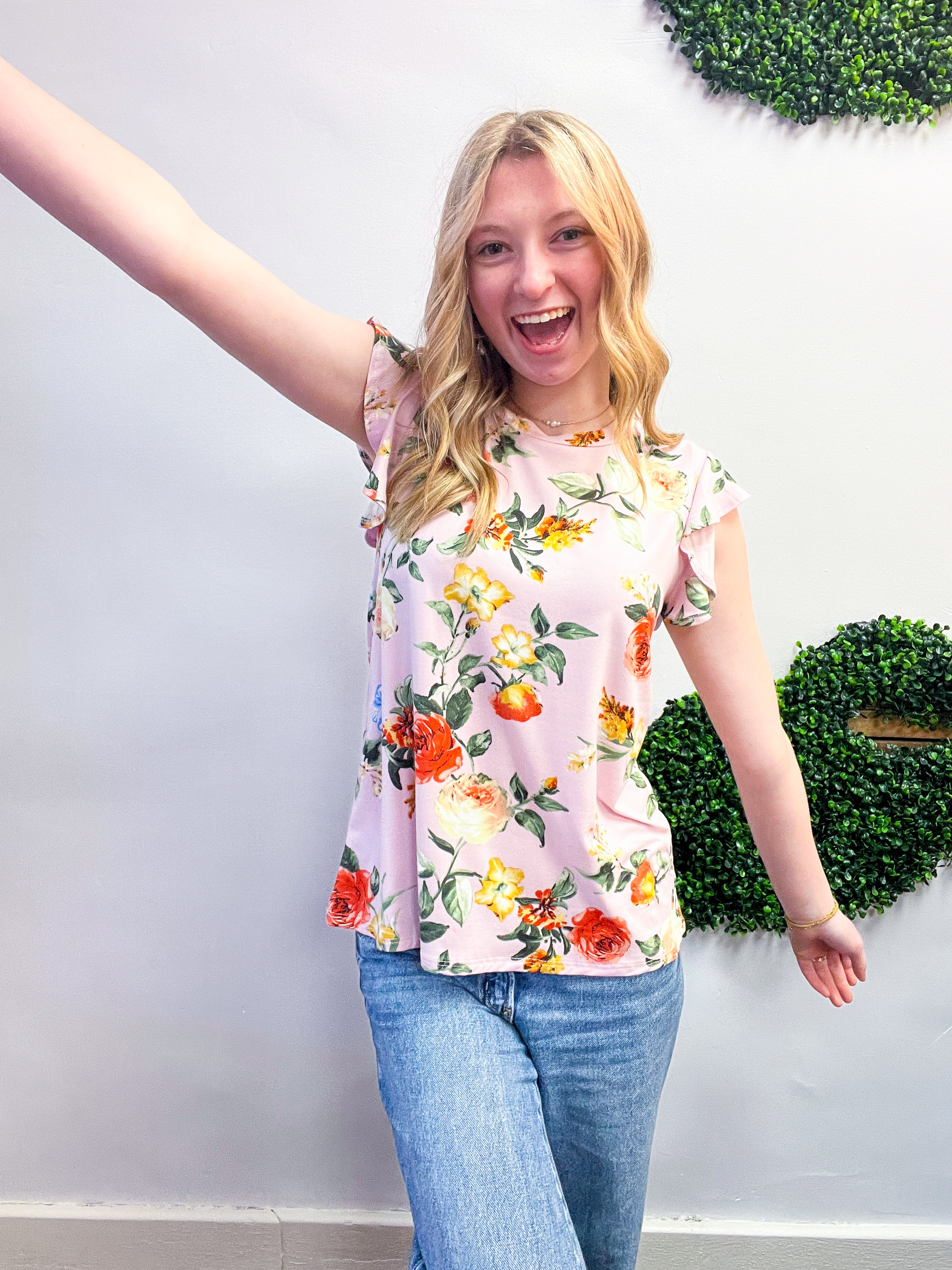 Floral Fancy Flutter Sleeve Top in Lilac