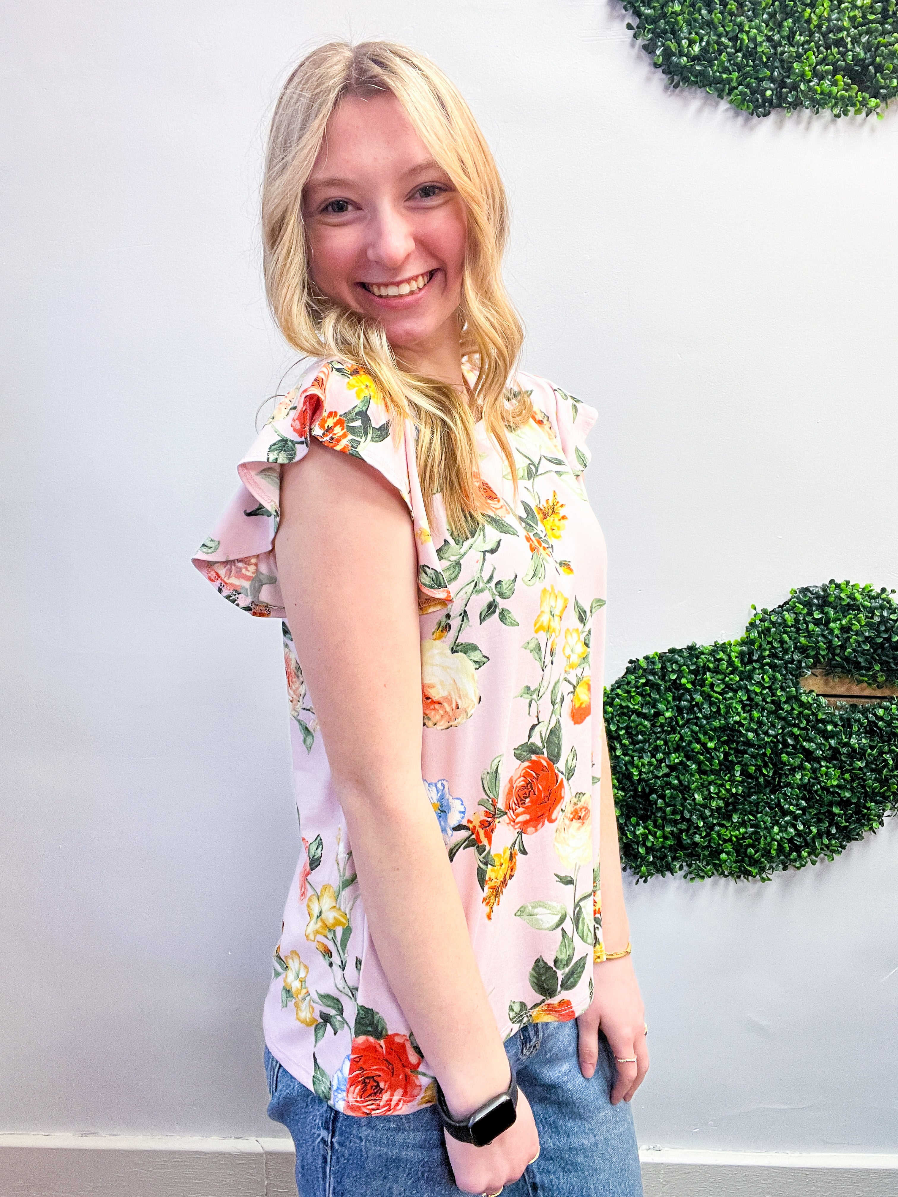 Floral Fancy Flutter Sleeve Top in Lilac