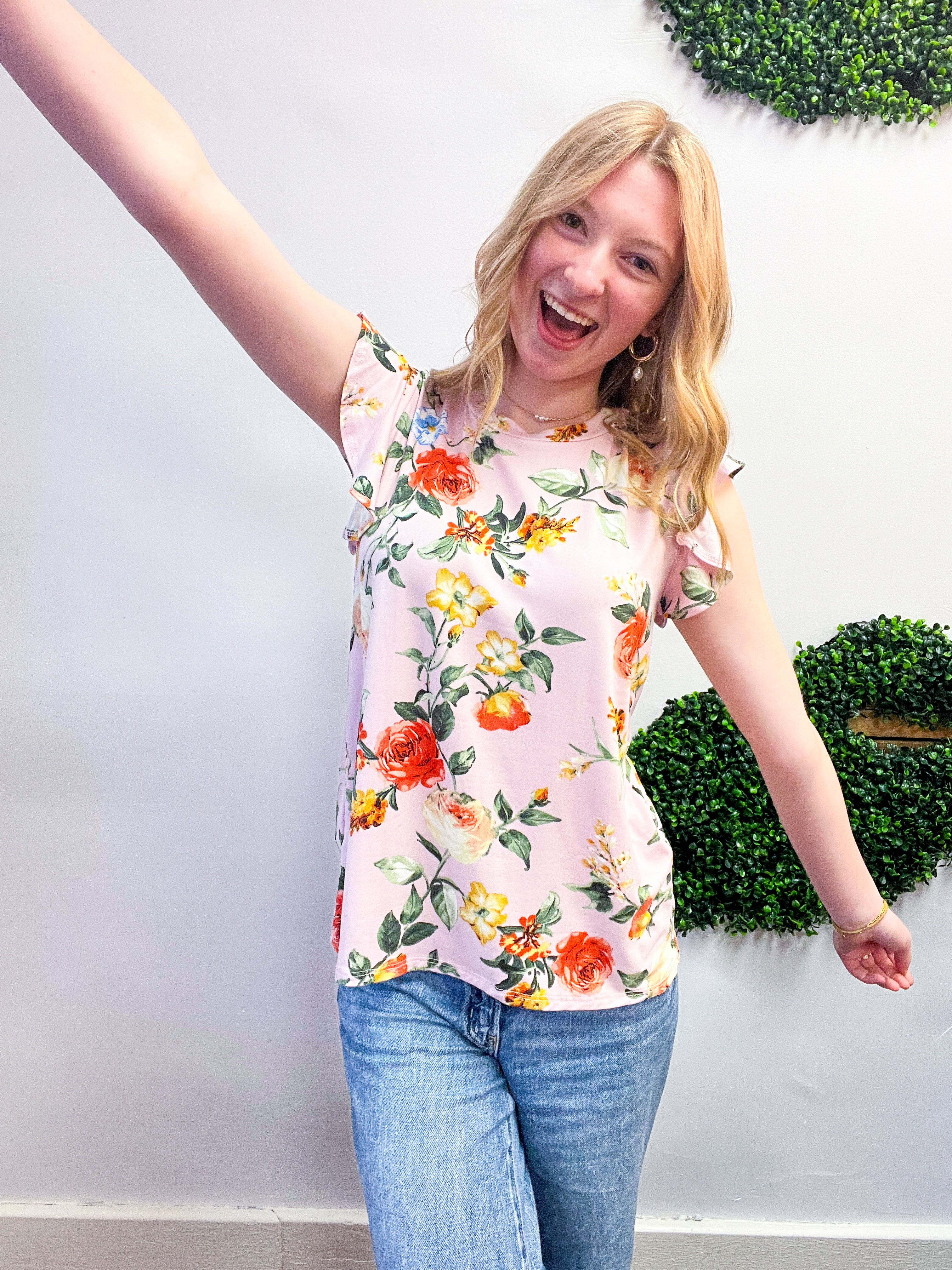 Floral Fancy Flutter Sleeve Top in Lilac