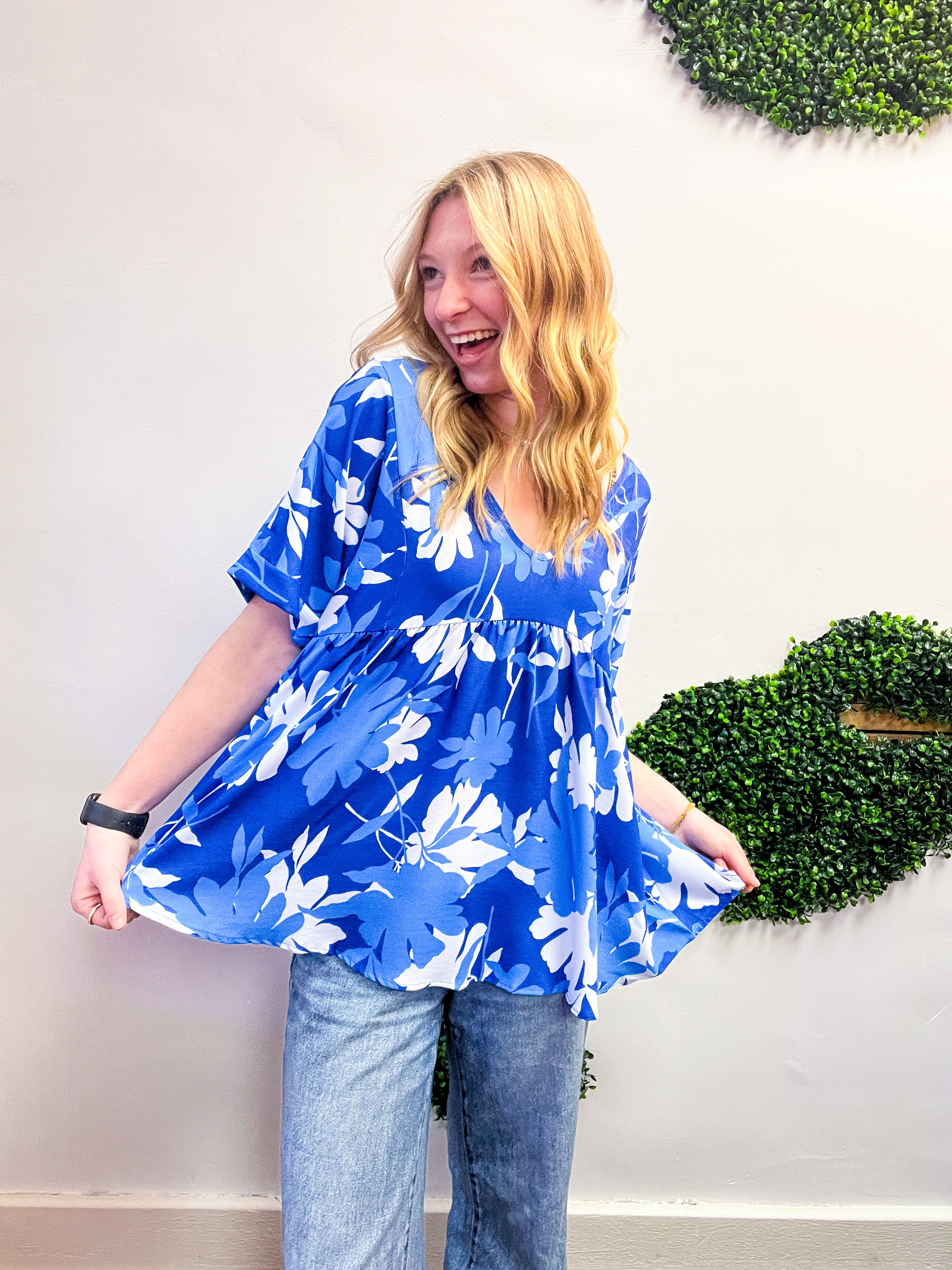 Petal Splash Babydoll Top in Blue