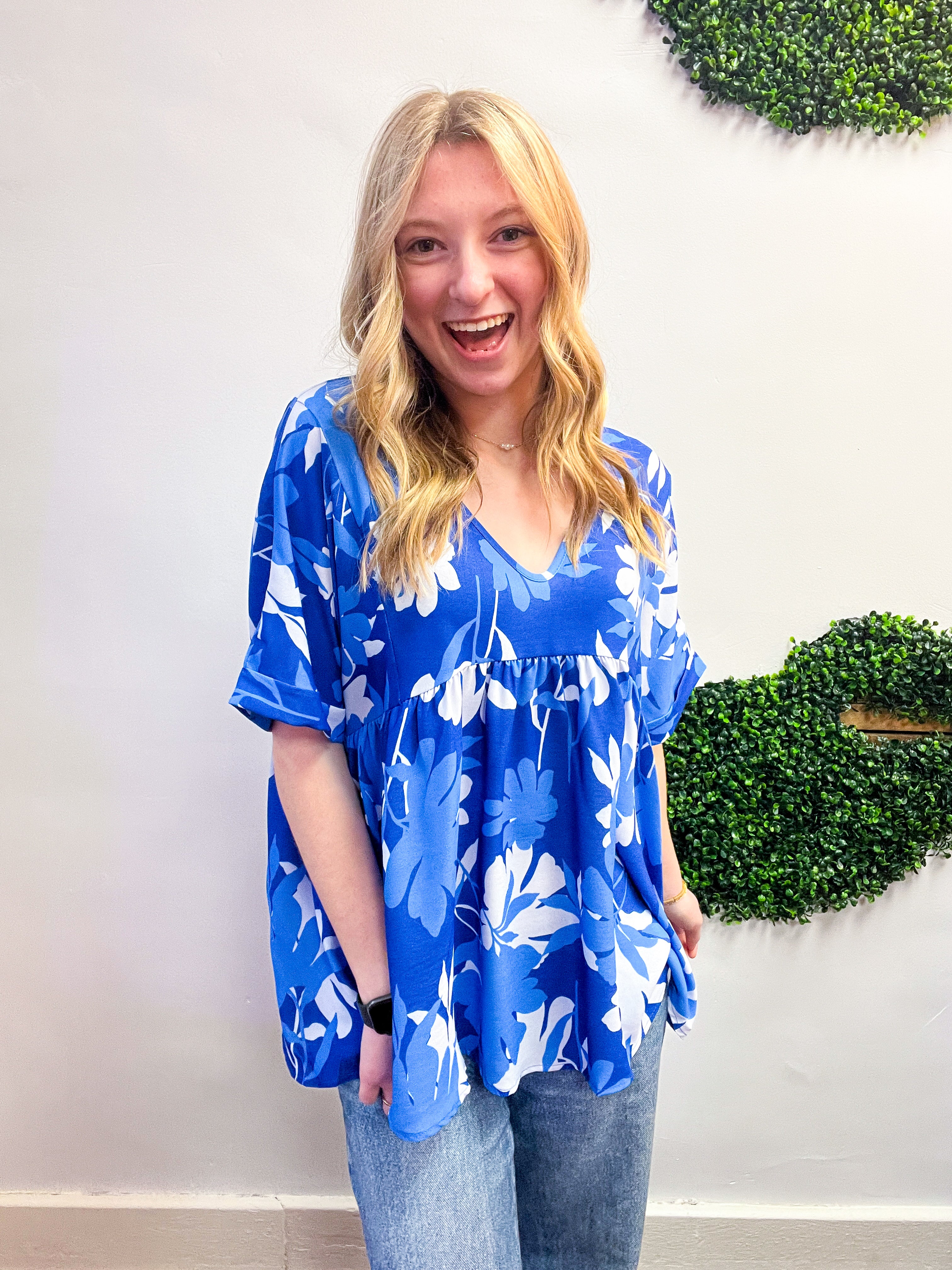 Petal Splash Babydoll Top in Blue
