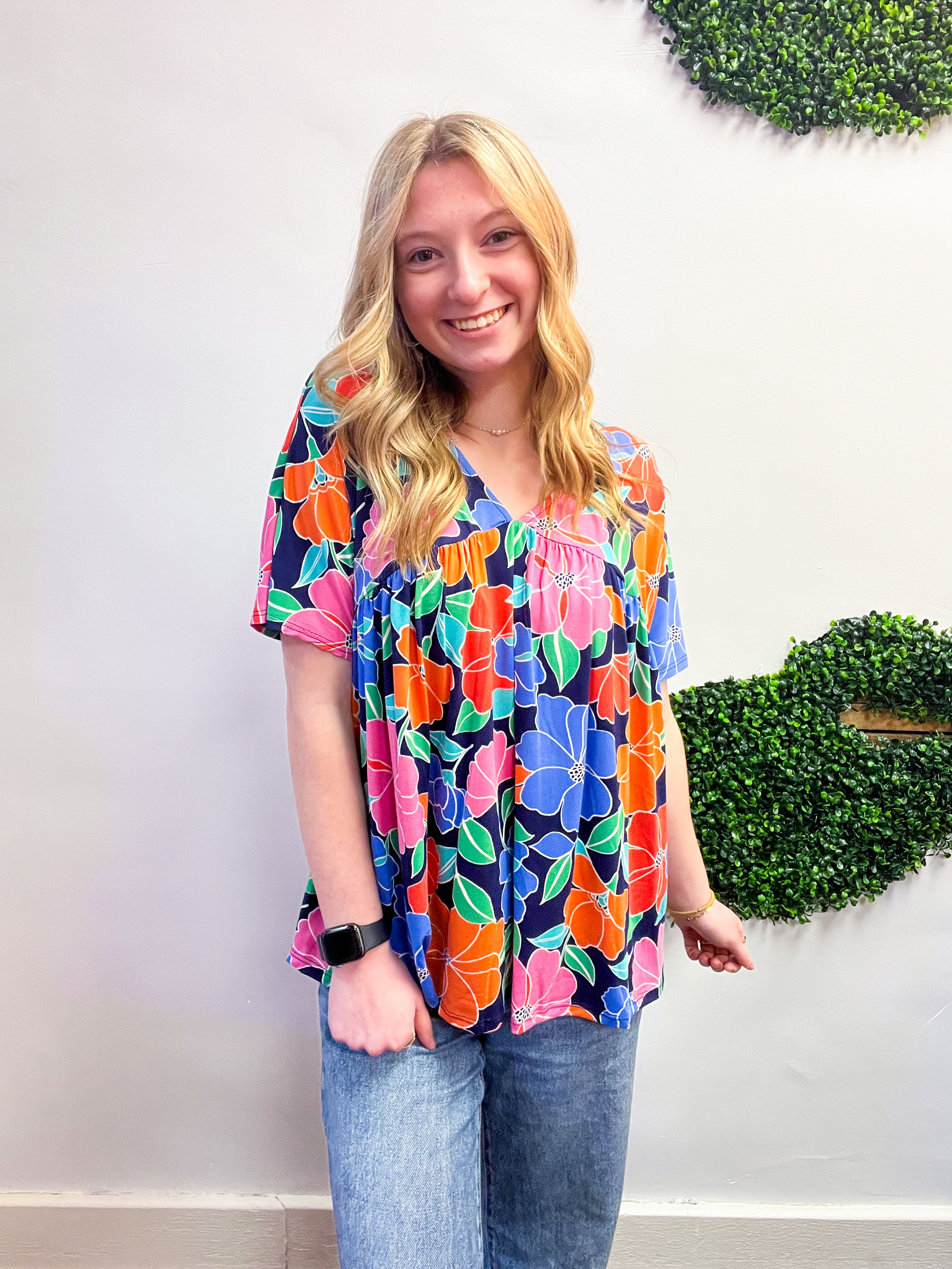 Bright Side Blooms Top in Navy