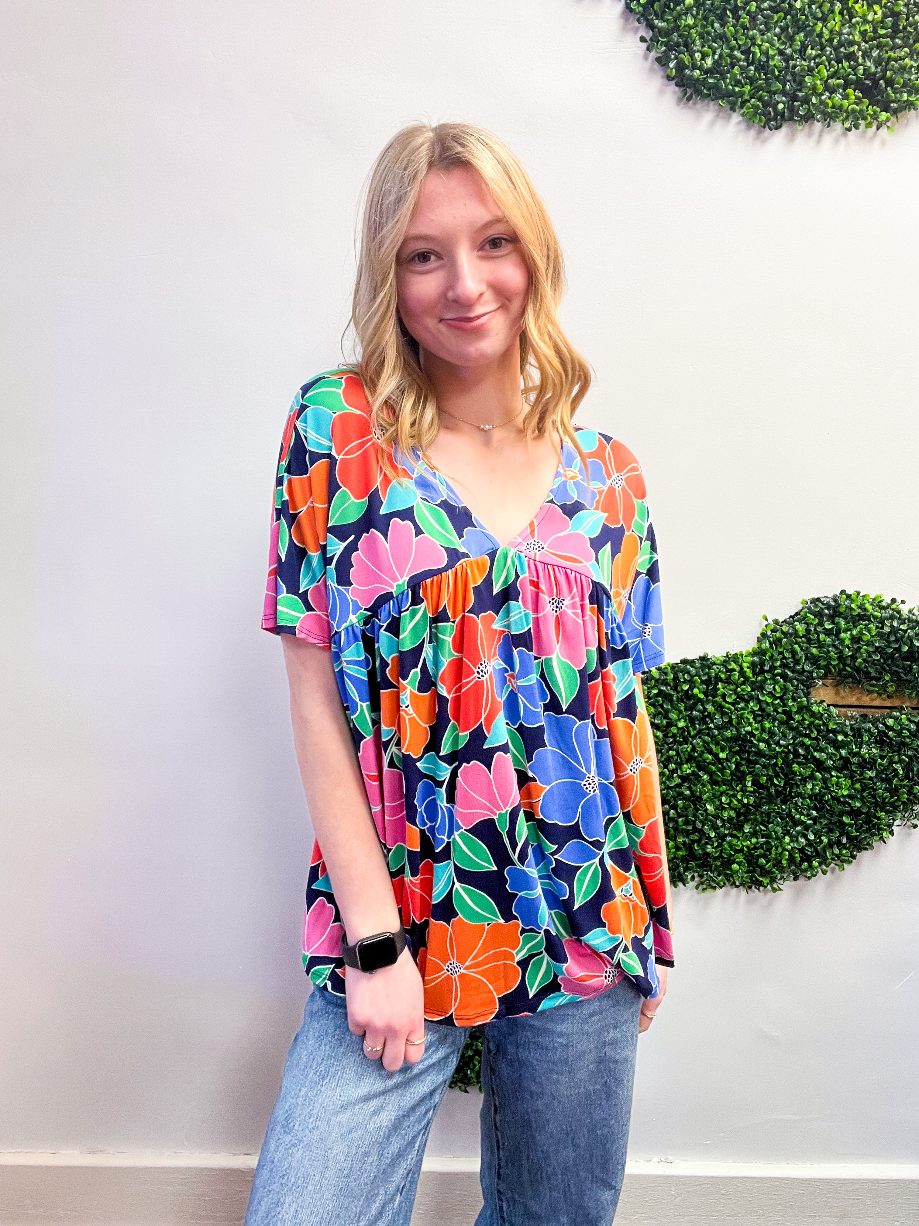 Bright Side Blooms Top in Navy
