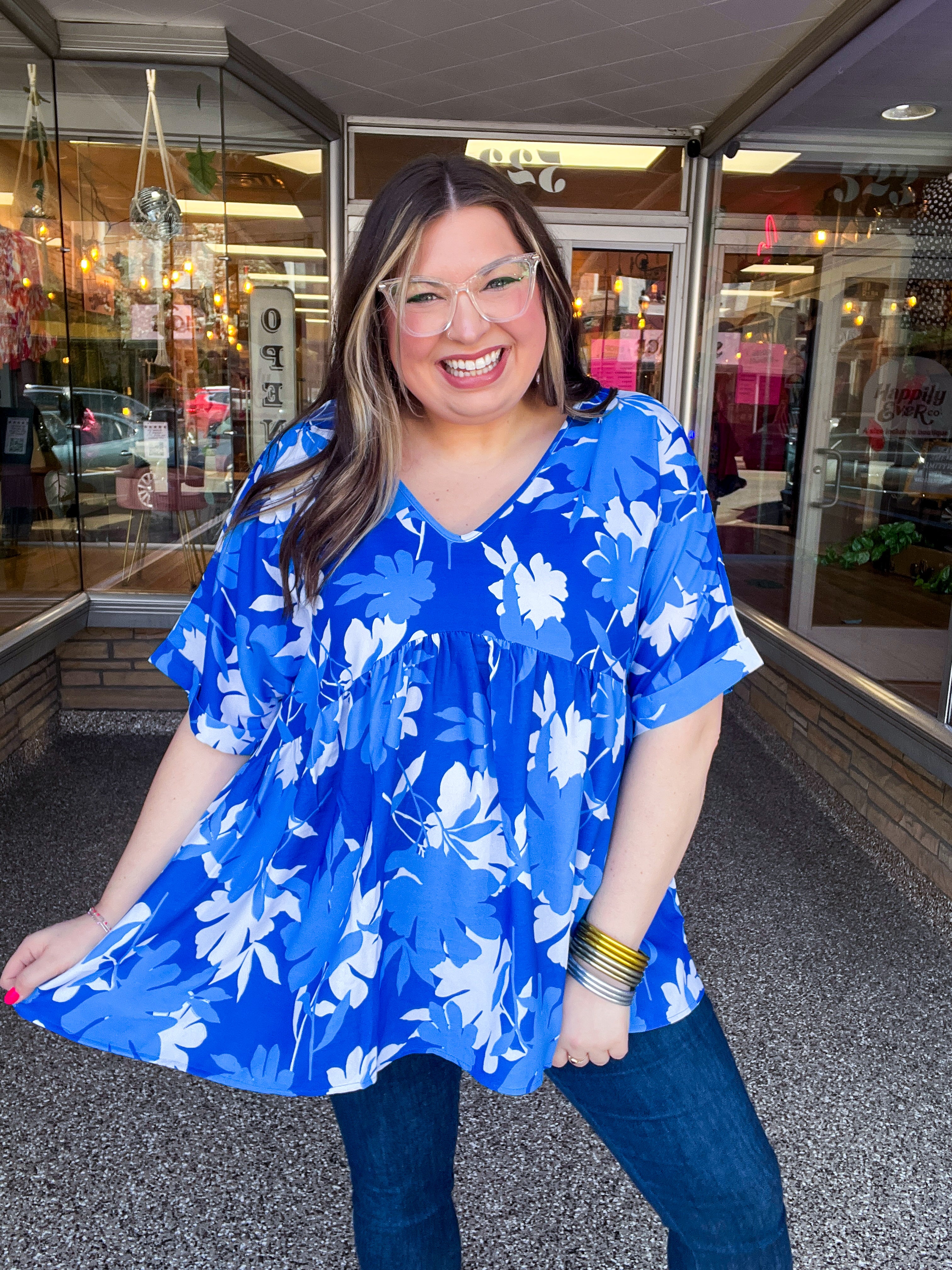 Petal Splash Babydoll Top in Blue
