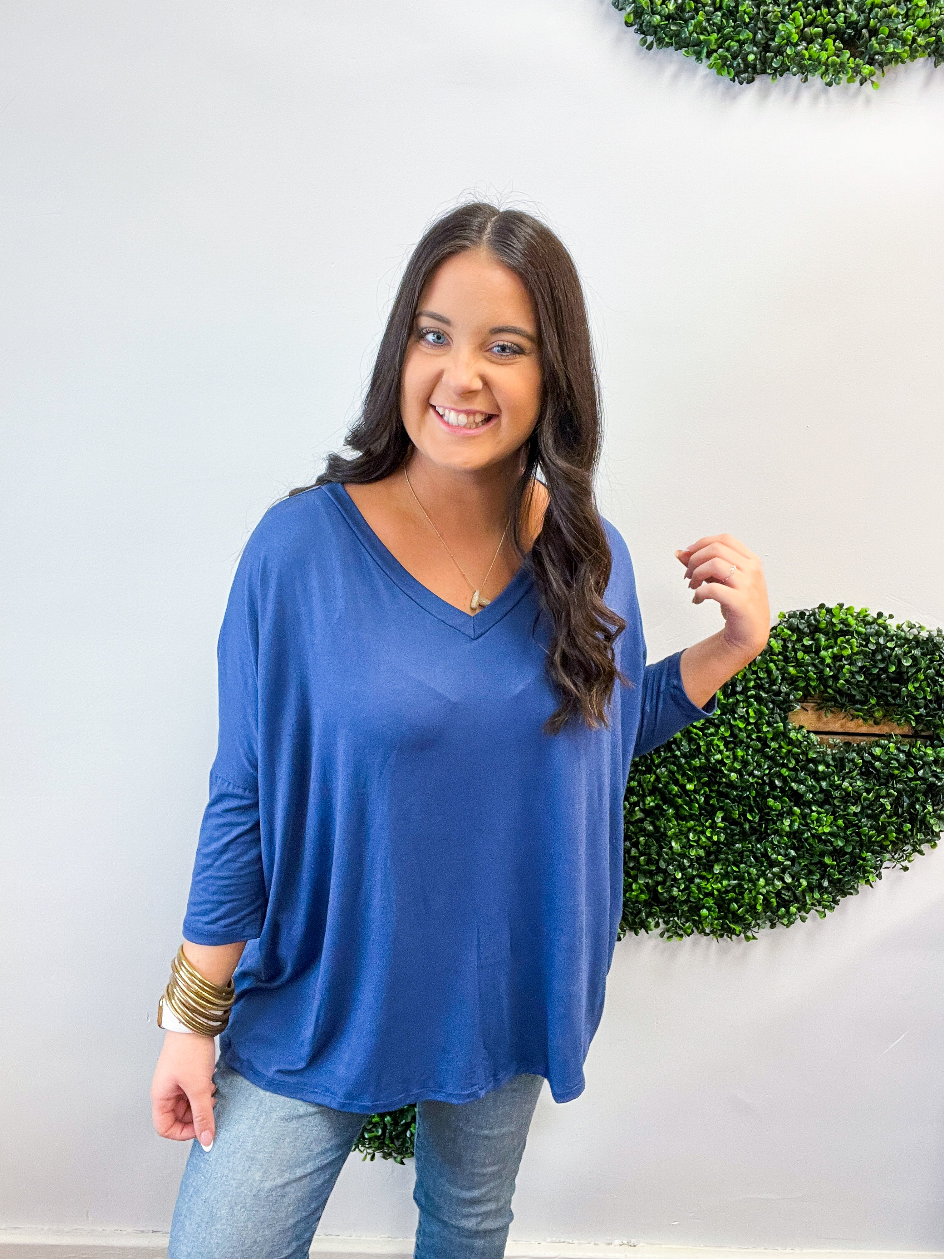 Butter Soft Free Flow 3/4 Sleeve Top in Denim Blue