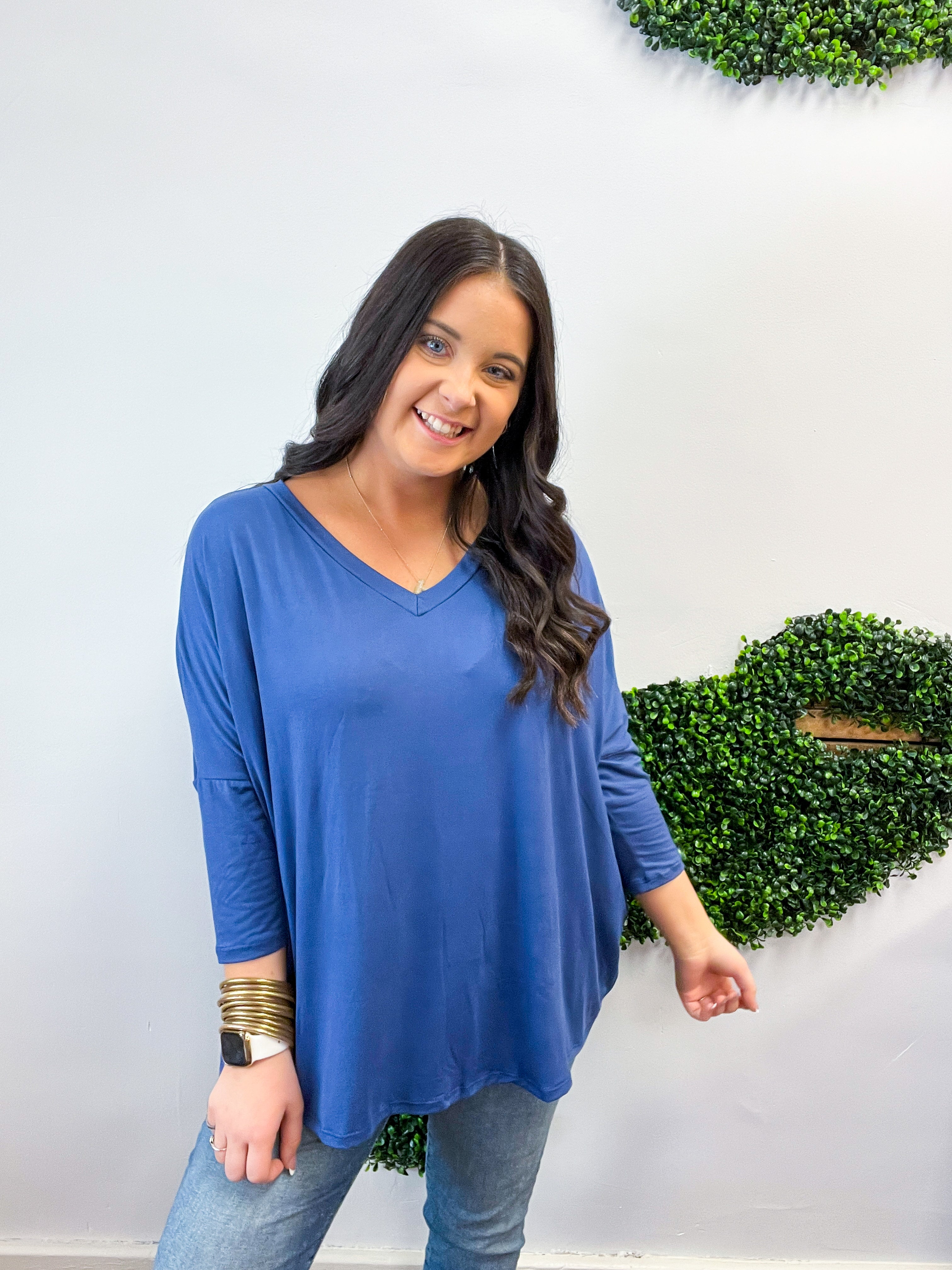 Butter Soft Free Flow 3/4 Sleeve Top in Denim Blue