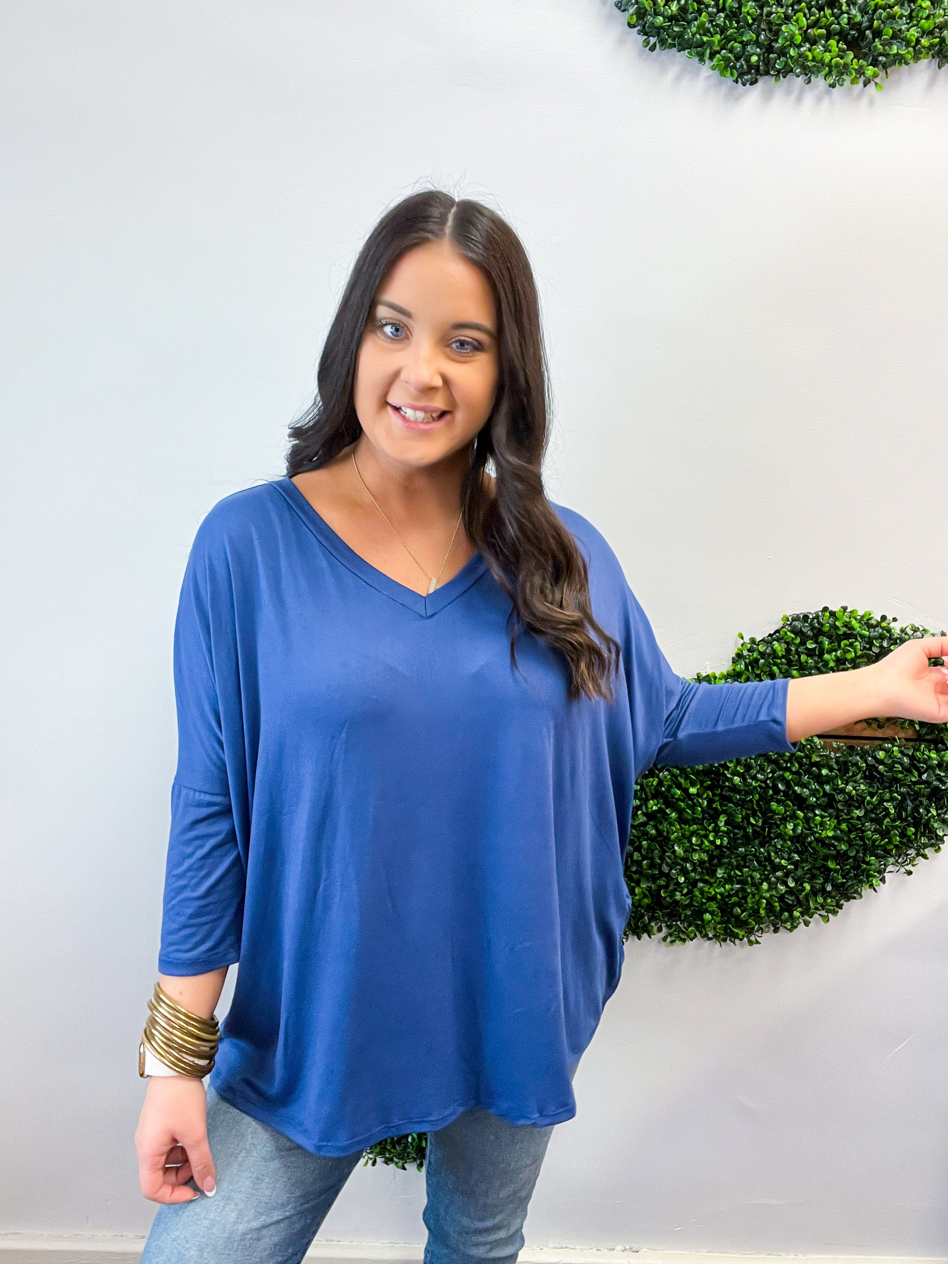 Butter Soft Free Flow 3/4 Sleeve Top in Denim Blue
