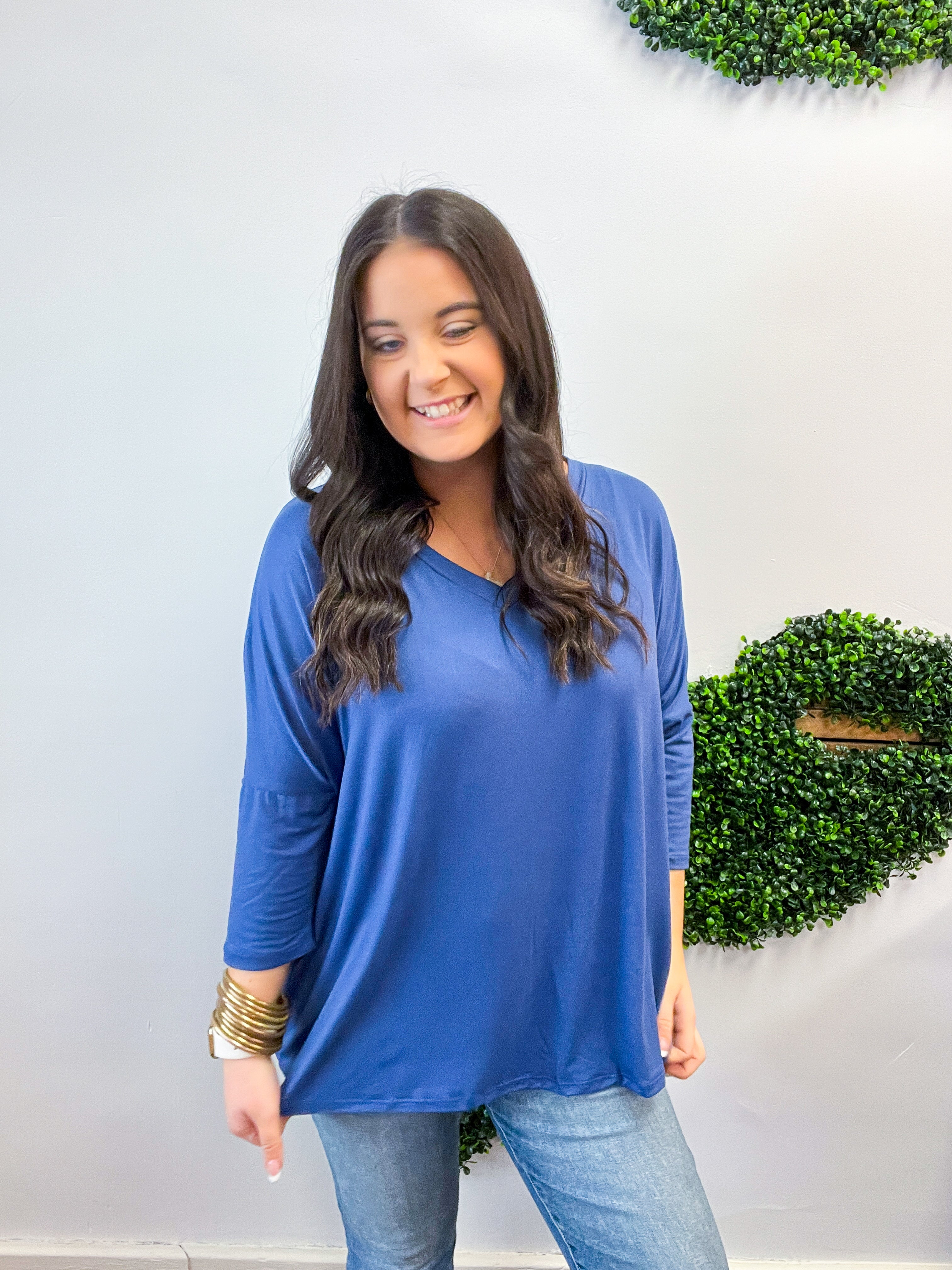 Butter Soft Free Flow 3/4 Sleeve Top in Denim Blue