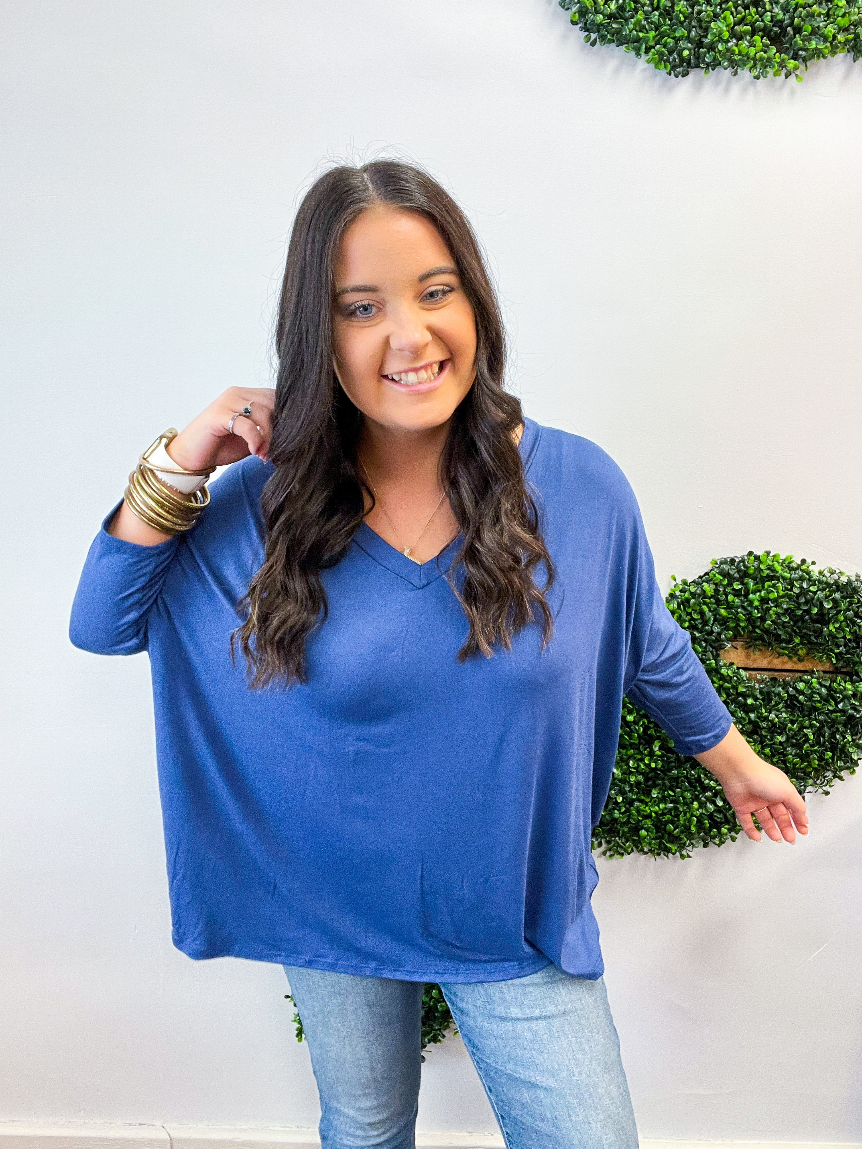 Butter Soft Free Flow 3/4 Sleeve Top in Denim Blue
