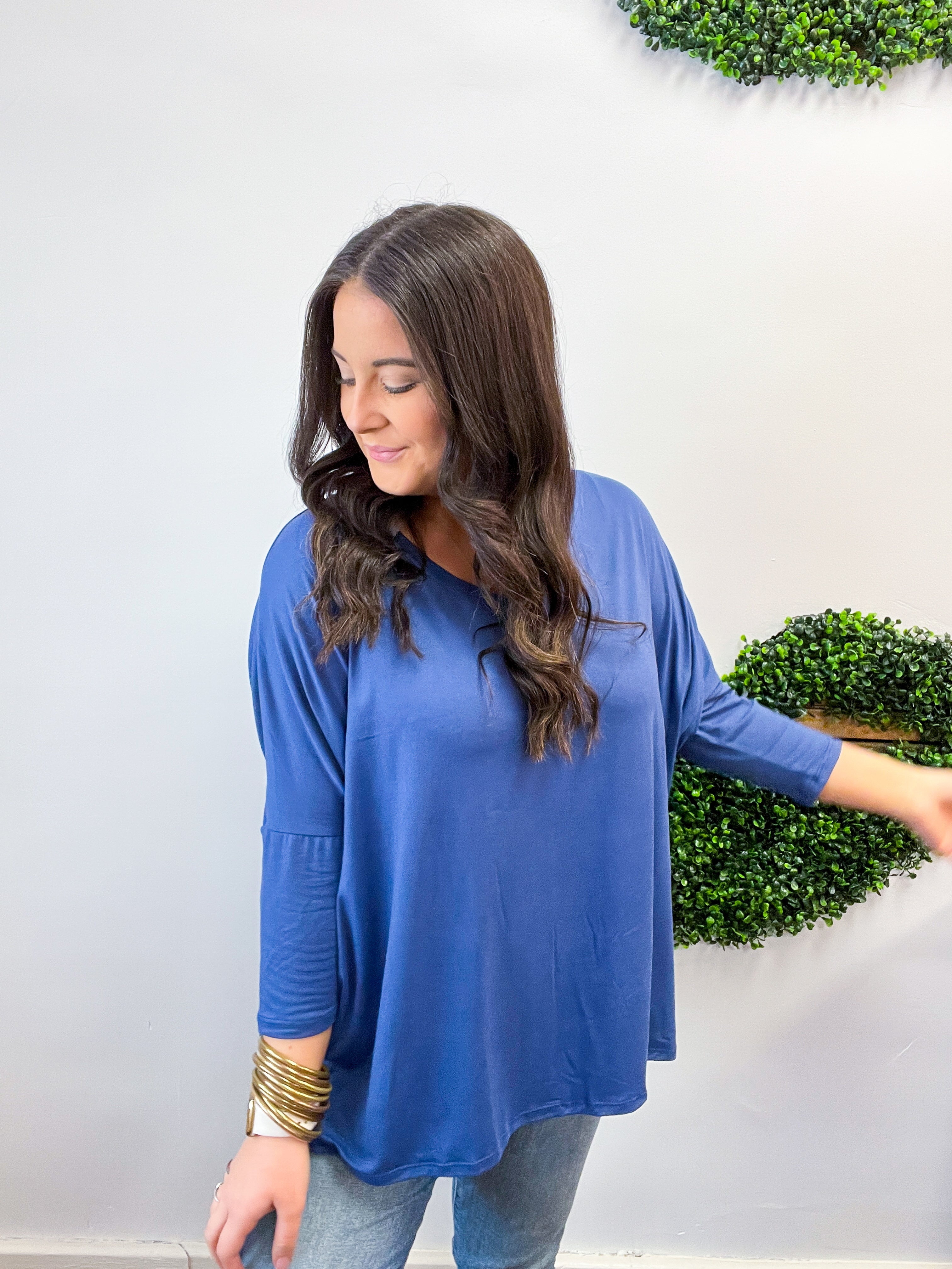 Butter Soft Free Flow 3/4 Sleeve Top in Denim Blue